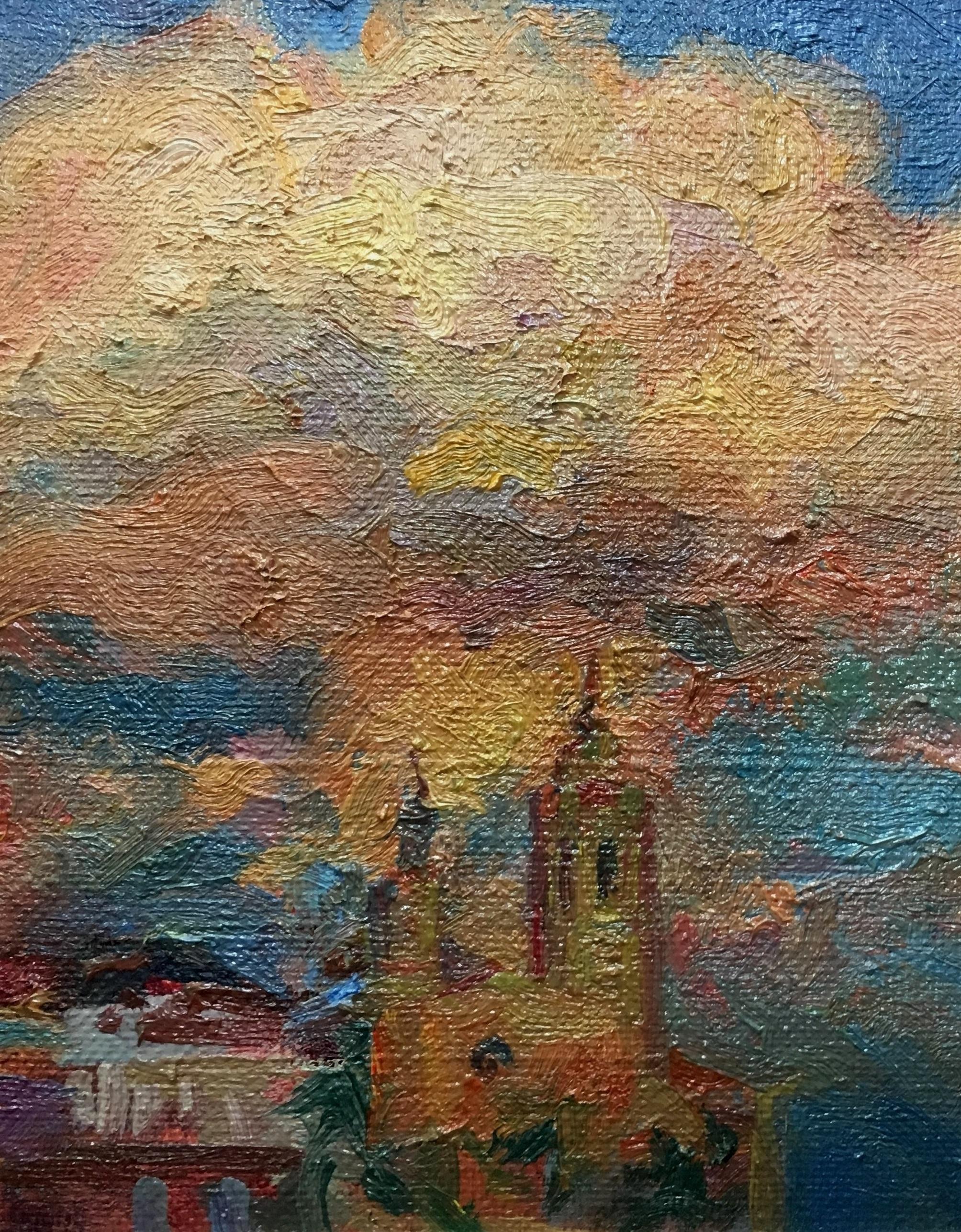 Clouds on Sitges original impressionist oil canvas painting. 
Sola PUIG, Joan (Barcelona 1950 )

Joan SOLÁ paints in a natural way, which reflects the Old Masters, soaking up the colour, air, smell and the pure scent of his environment. He delivers
