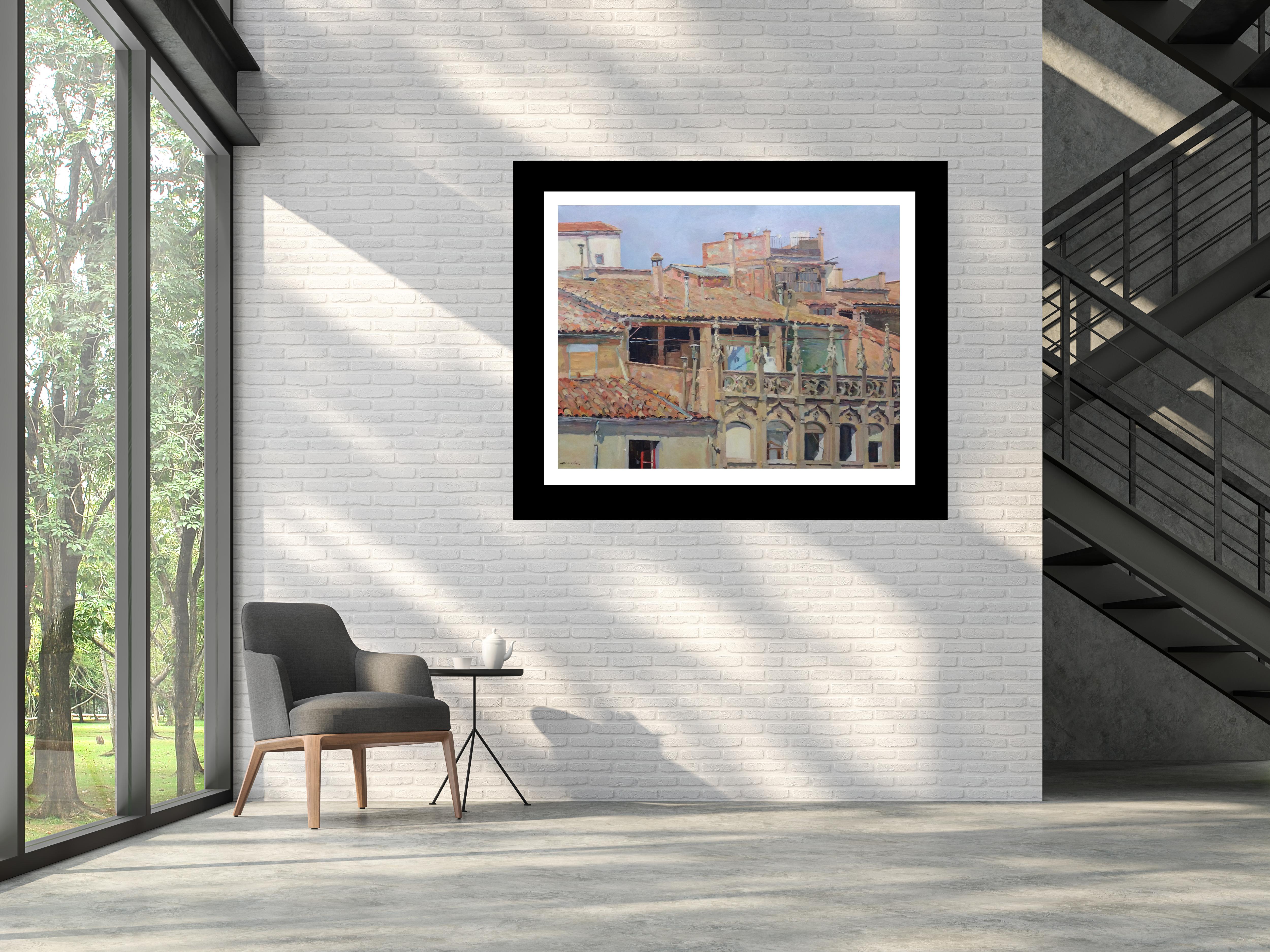 tetti in Vic.
case antiche  dipinto originale impressionista in acrilico. 
SOLÁ dipinge in modo naturale, rispecchiando gli Antichi Maestri, assorbendo il colore, l'aria, gli odori e il profumo puro del suo ambiente. An He consegna alla sua tela uno