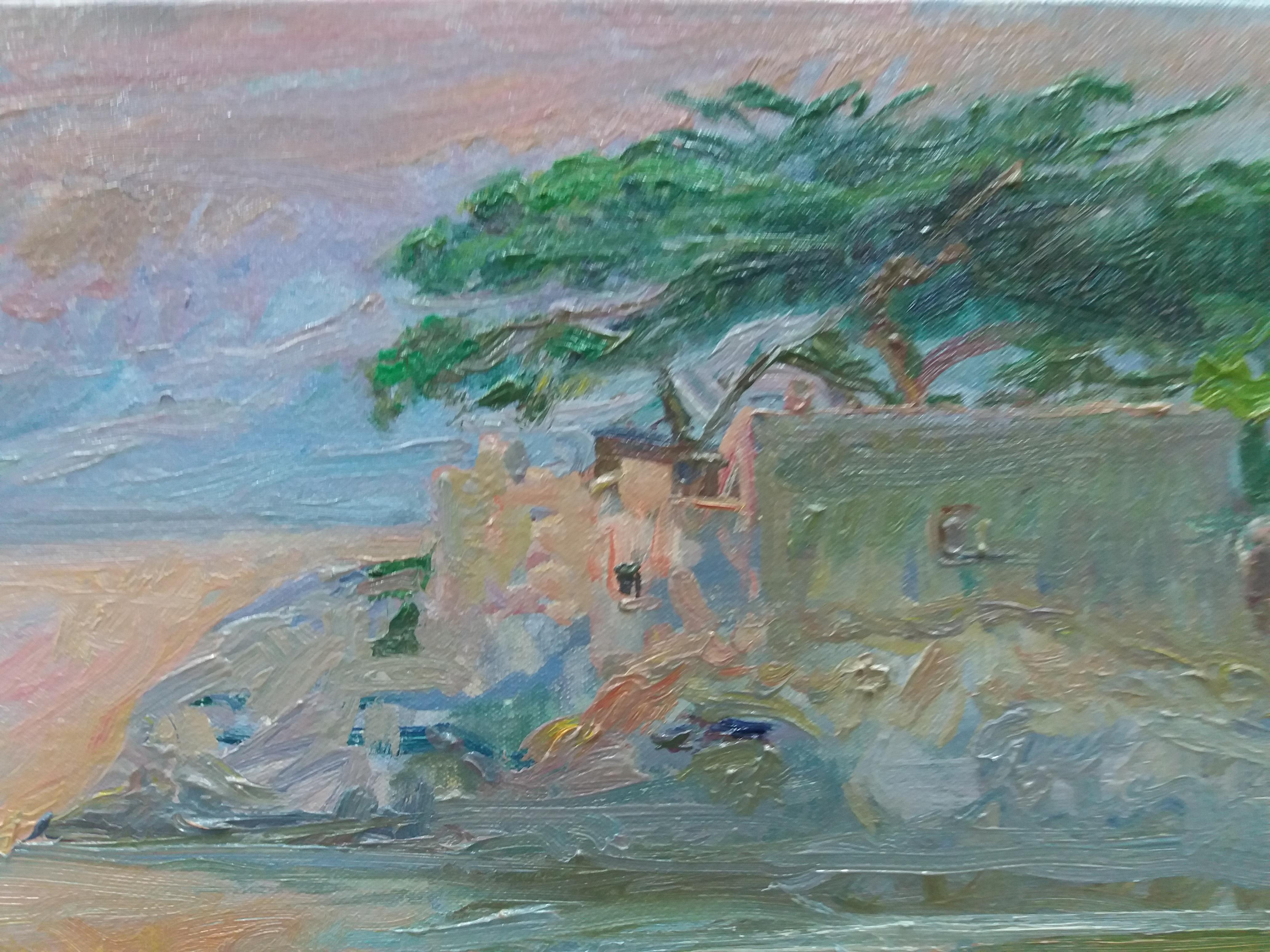 Pintura acrílica impresionista original de una puesta de sol. 
SOLÁ pinta de una forma natural, que refleja a los Maestros Antiguos, empapándose del color, el aire, el olor y el aroma puro de su entorno. Lleva a su lienzo la extraña mezcla de