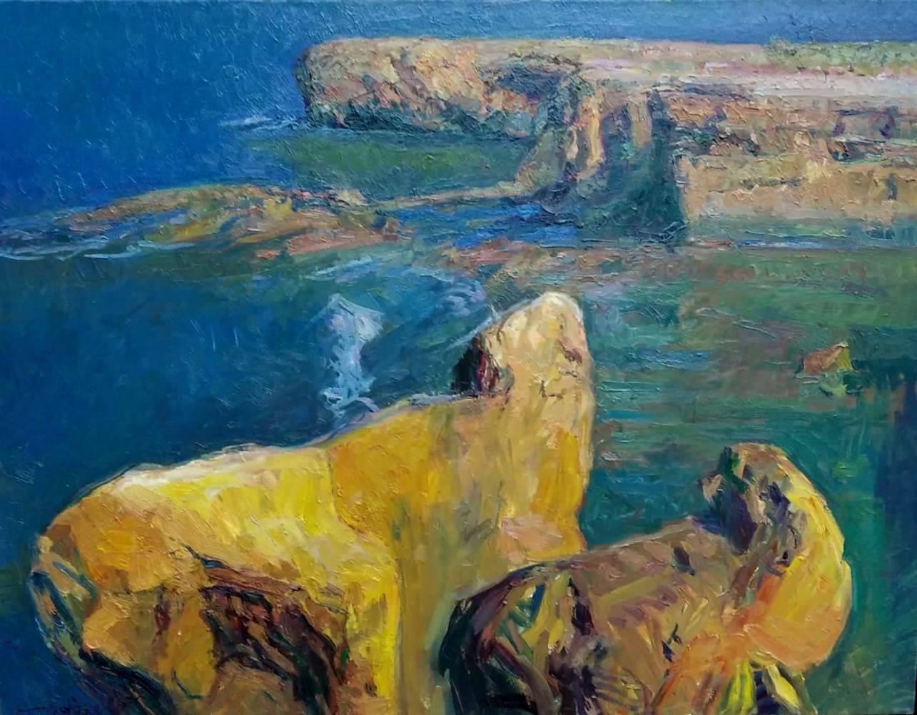 rocas en el mar pintura acrílica impresionista original. 
SOLÁ pinta de una forma natural, que refleja a los Maestros Antiguos, empapándose del color, el aire, el olor y el aroma puro de su entorno. Lleva a su lienzo la extraña mezcla de emoción y