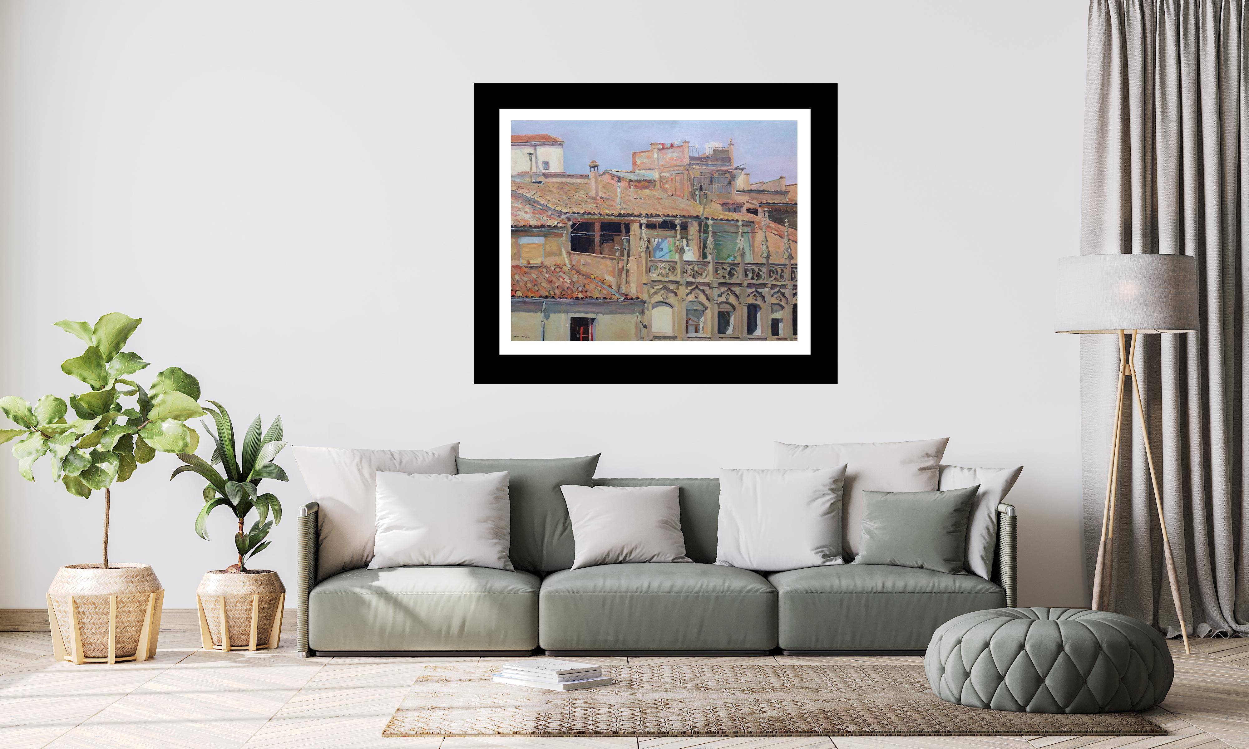 Sola  Puig 5 Toits  Ocre   Bigli  impressionniste original - Noir Landscape Painting par Joan SOLA PUIG