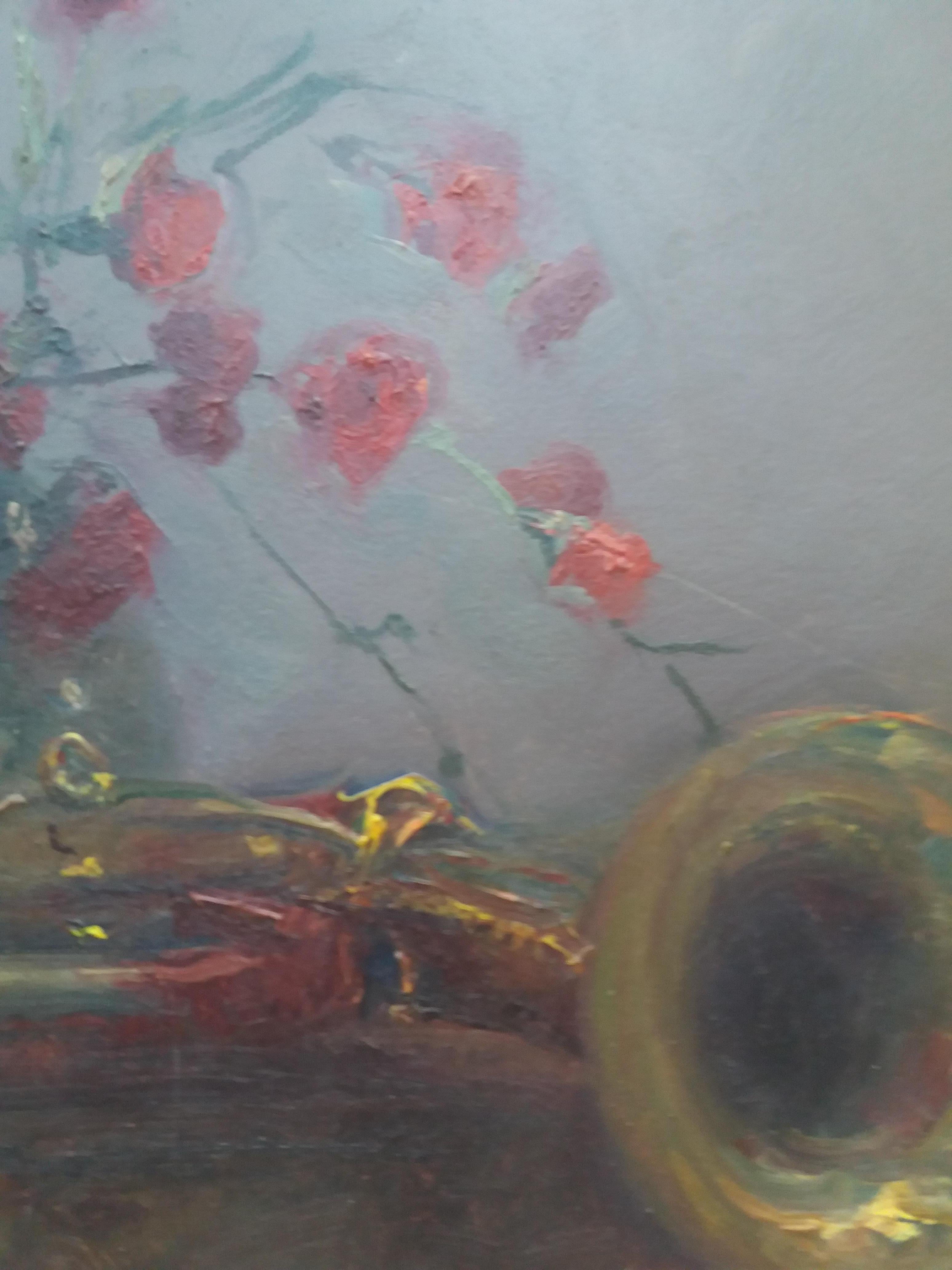 Sola Puig  5 Trumpets and Carnations original impressionist acrylic painting For Sale 2