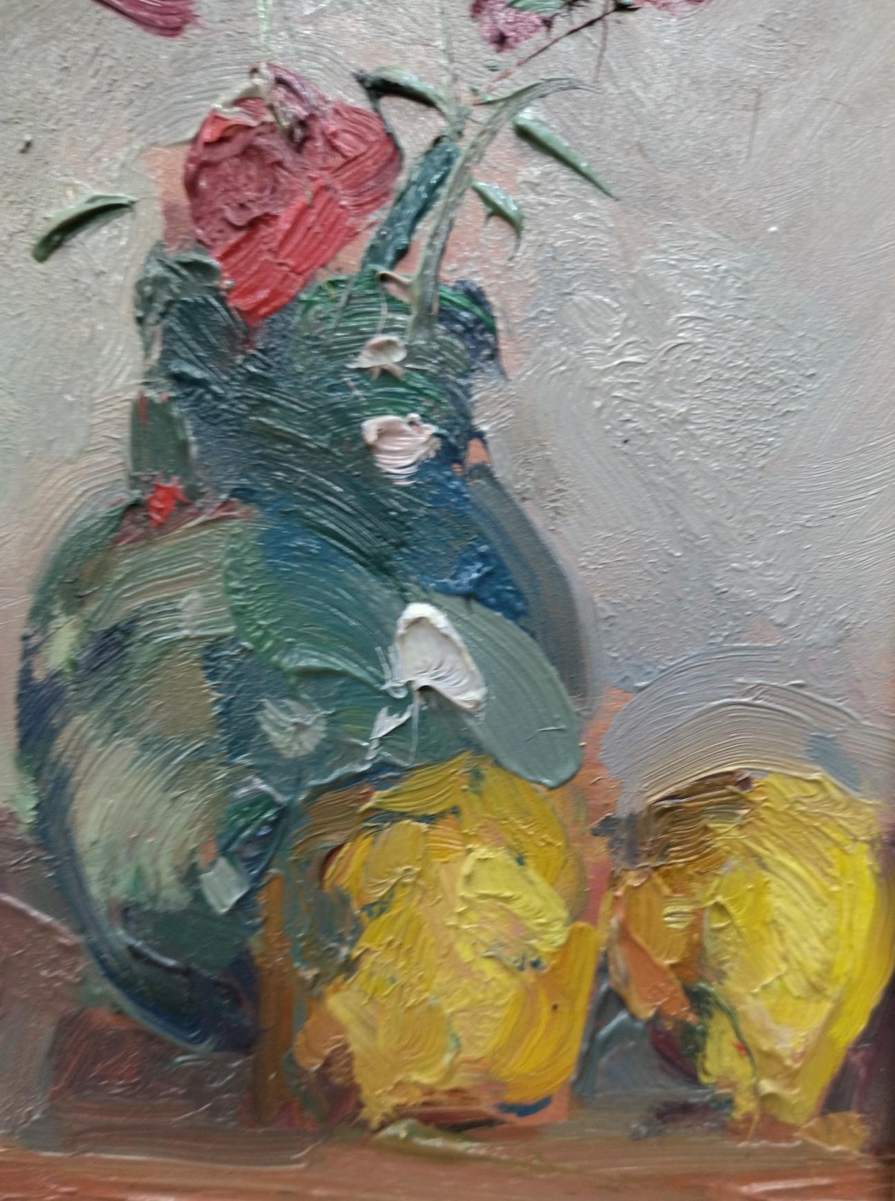 SOLA PUIG    Rose e limoni, dipinto originale impressionista in acrilico - Still-Life Painting Marrone di Joan SOLA PUIG