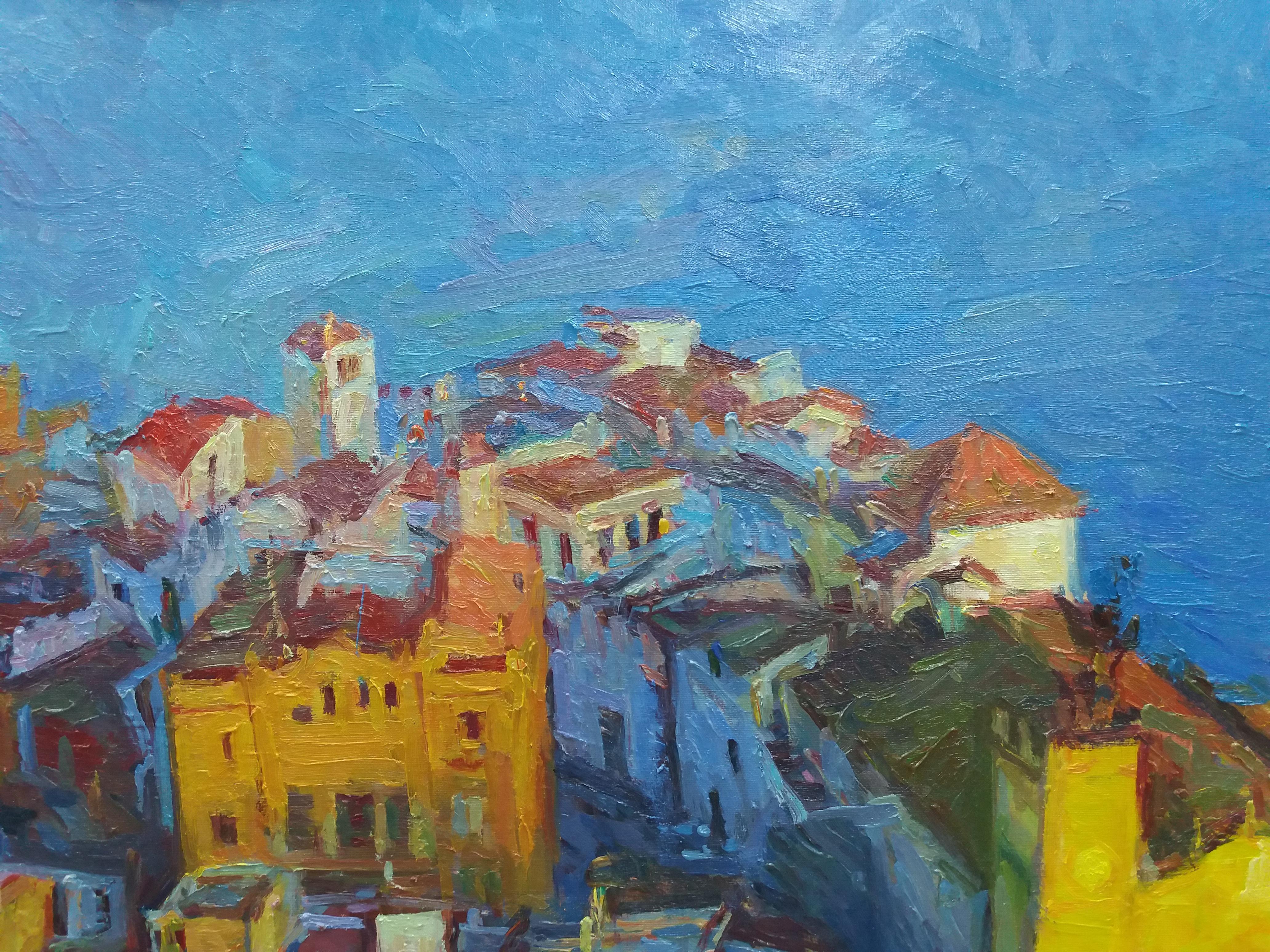 Sola Puig  Sitges  Ciudad  Costa. Mar acrílico impresionista original - Painting Impresionista de Joan SOLA PUIG