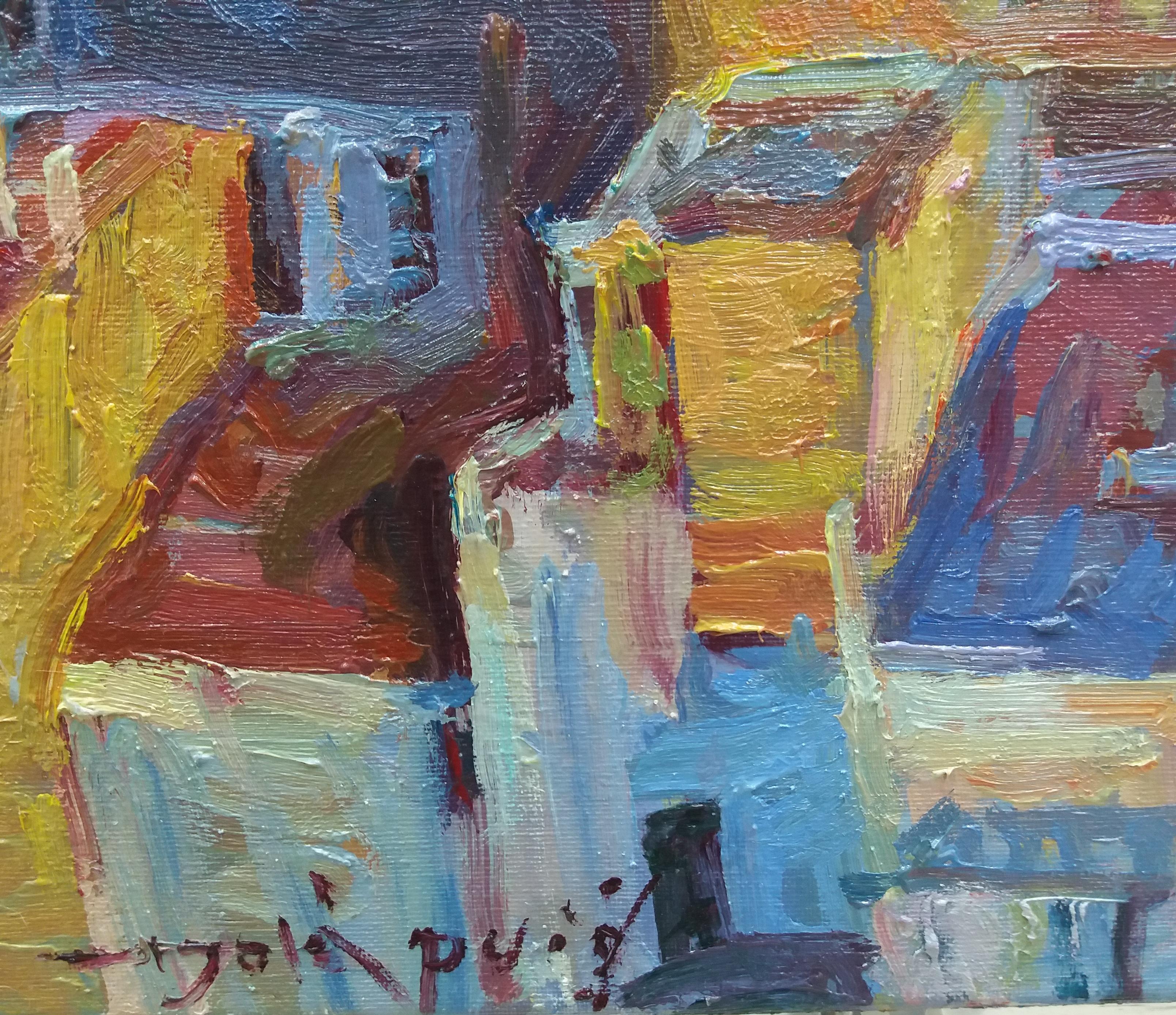 Sola Puig  Sitges  Ciudad  Costa. Mar acrílico impresionista original - Landscape Painting Negro de Joan SOLA PUIG