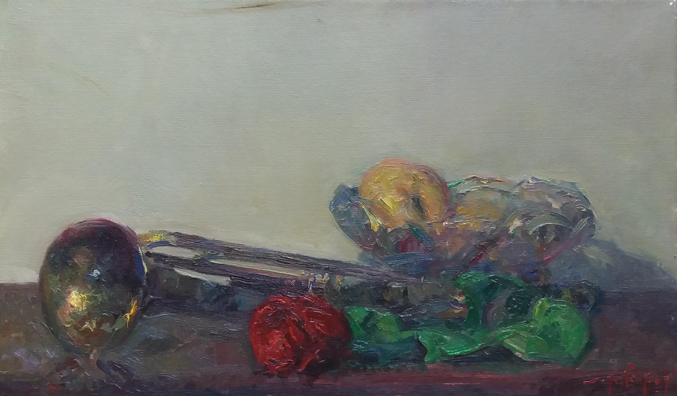 Sola Puig  Trumpet  Still-life  Fruit and Rose  colors original impressionist  - Painting by Joan SOLA PUIG