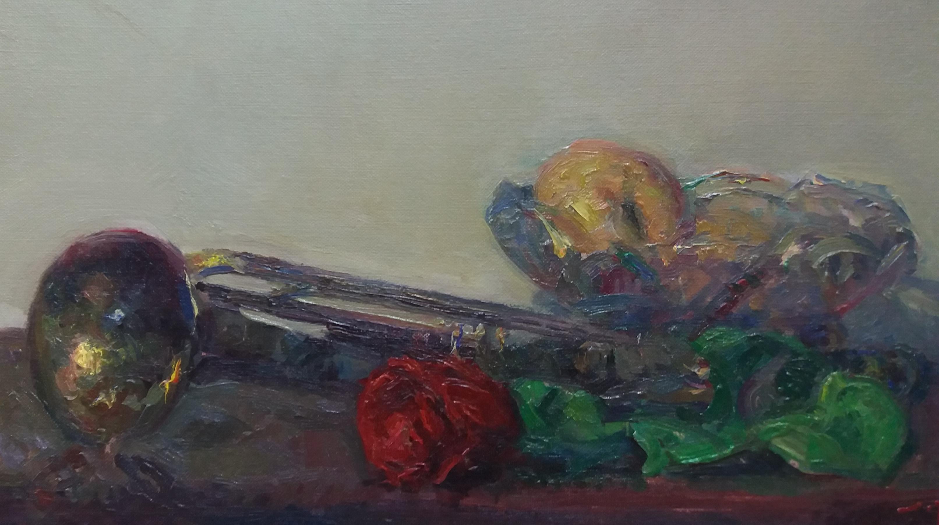 Sola Puig  Trumpet  Still-life  Fruit and Rose  colors original impressionist  - Impressionist Painting by Joan SOLA PUIG
