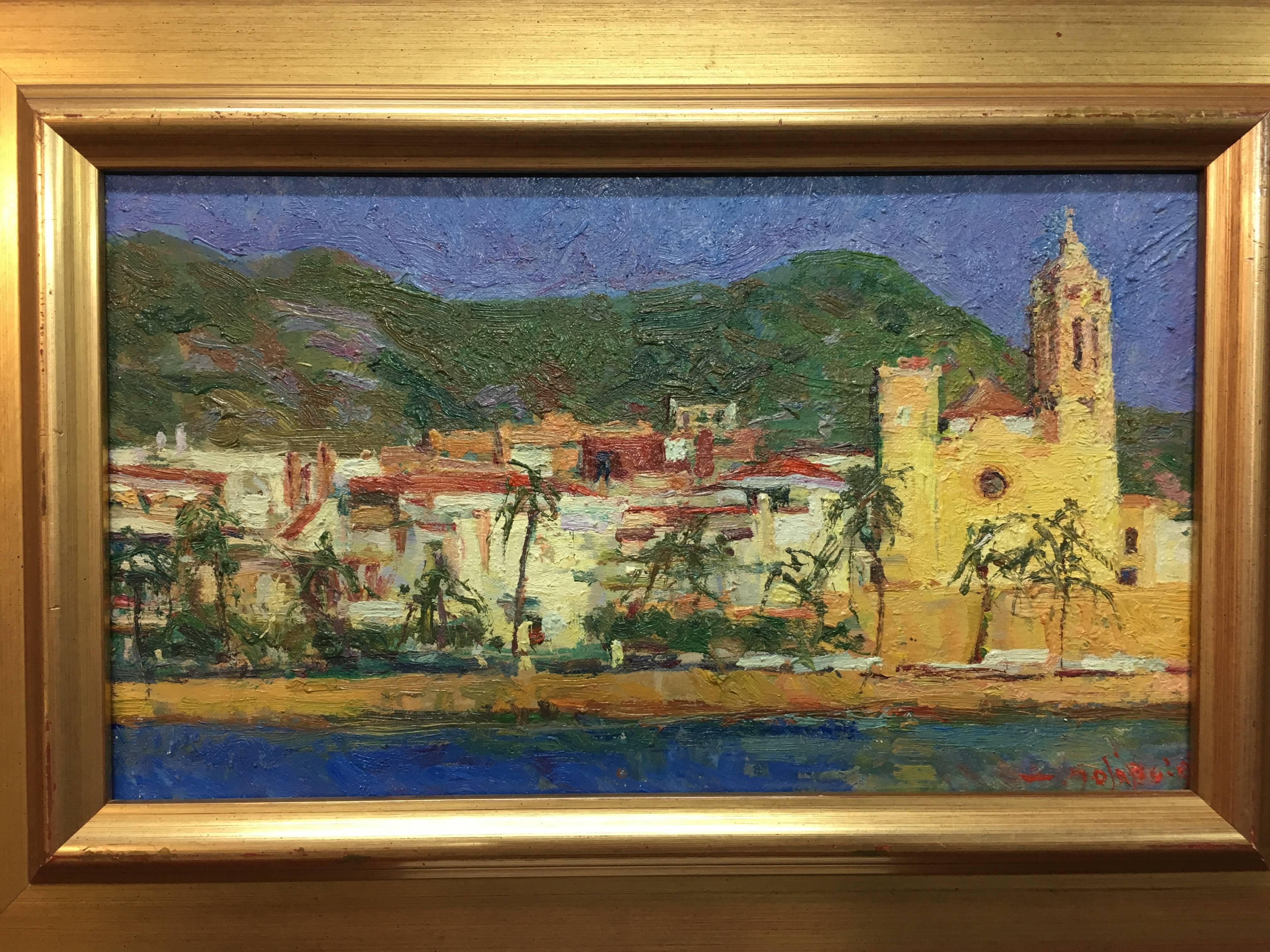 SOLA PUIG  Sitges original impressionist oil canvas painting - Painting by Joan SOLA PUIG