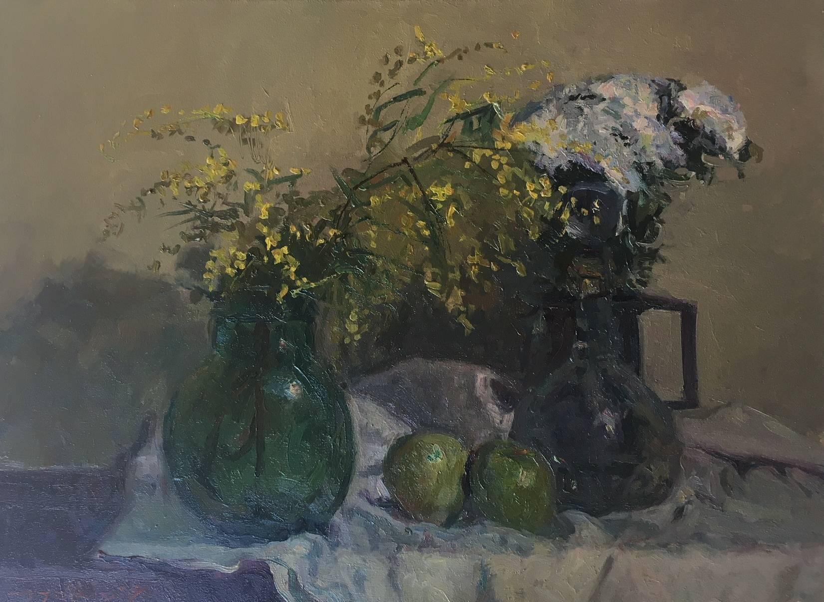 Sola Puig   still-life  Mimosas and Fruits. original impressionist  - Impressionist Painting by Joan SOLA PUIG