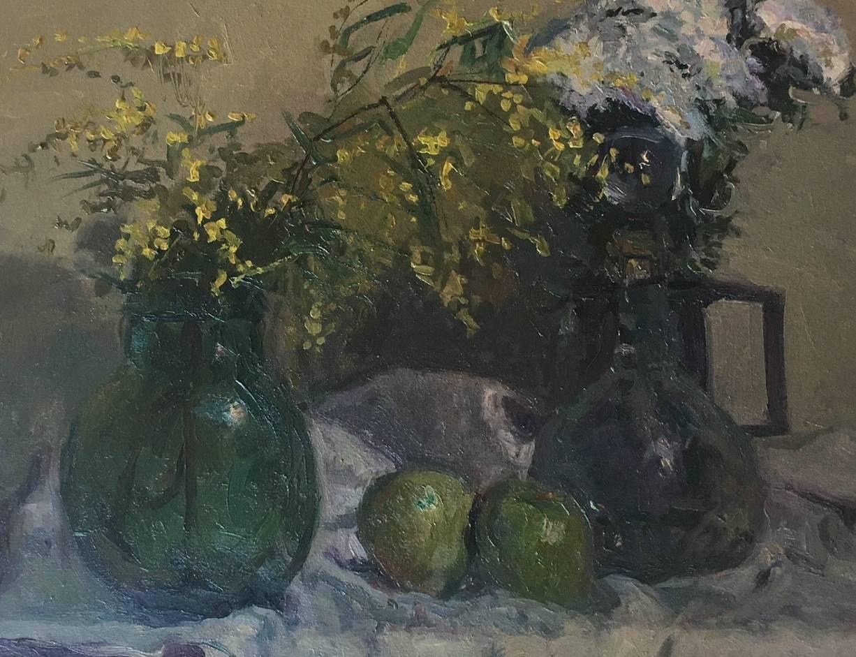 still life. mimosas and fruits. original impressionist oil canvas painting.. framed
Sola PUIG, Joan    (Barcelona 1950 )

Joan SOLÁ paints in a natural way, which reflects the Old Masters, soaking up the colour, air, smell and the pure scent of his