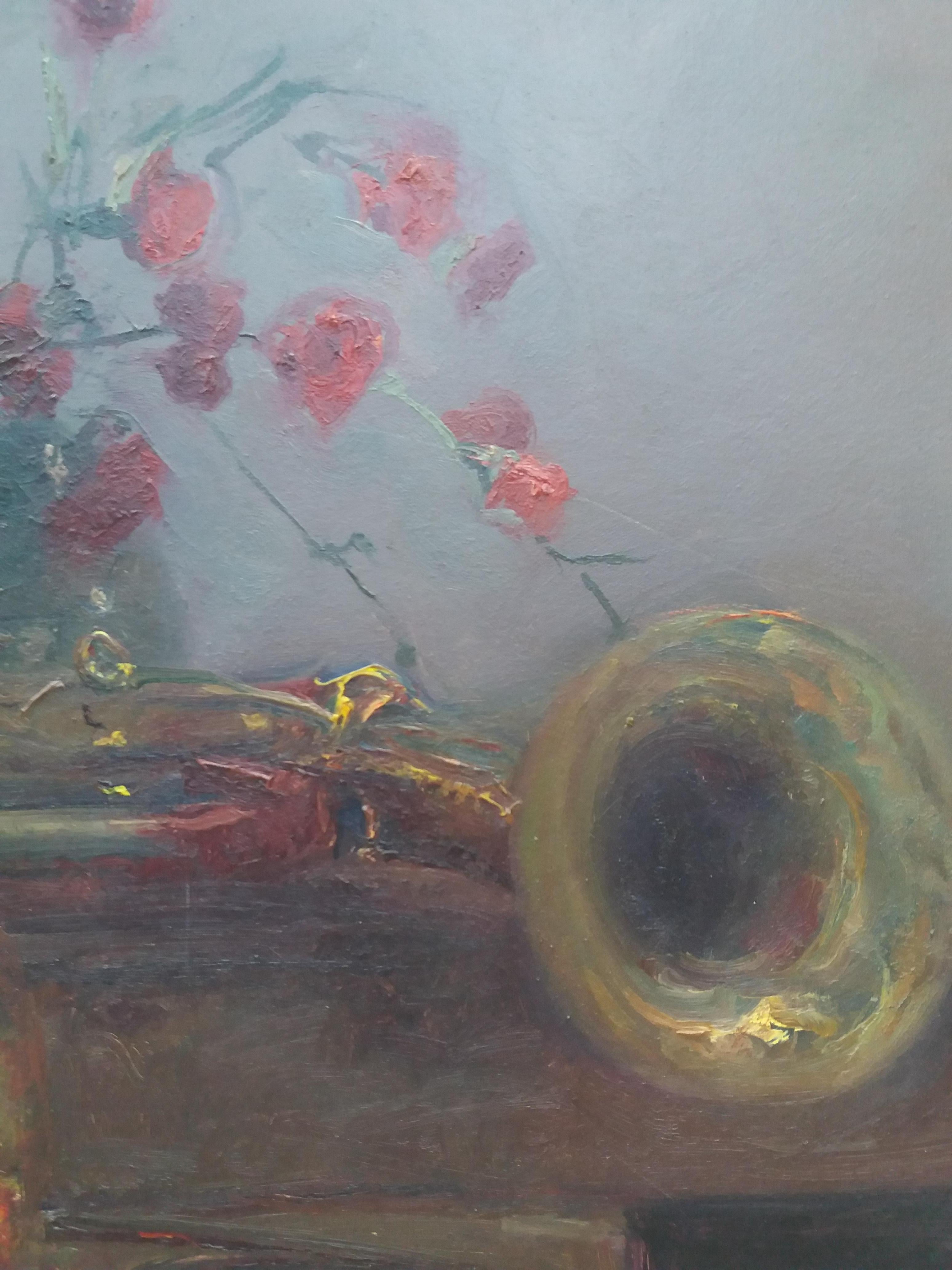 Sola Puig 8 Trompetas y Claveles pintura acrílica impresionista original - Still-Life Painting Negro de Joan SOLA PUIG