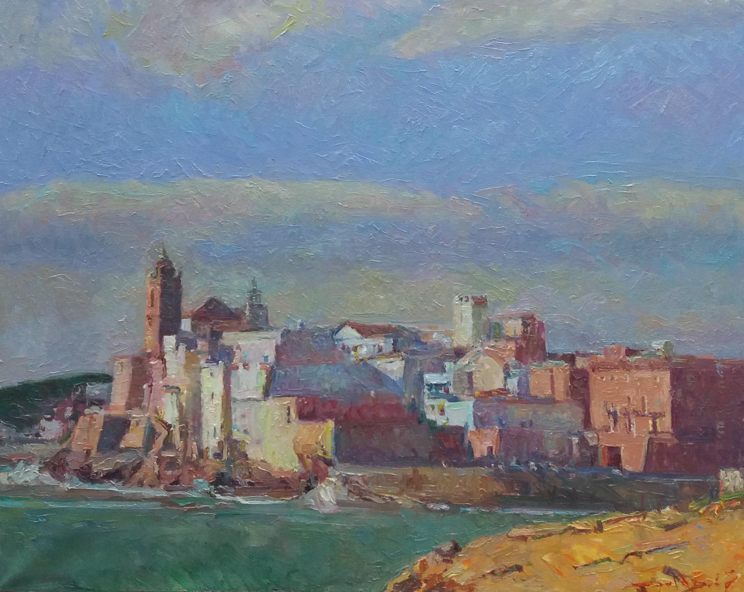 Sola Puig    Playa de Sant Sebastia Sitges  pintura acrílica impresionista - Painting de Joan SOLA PUIG