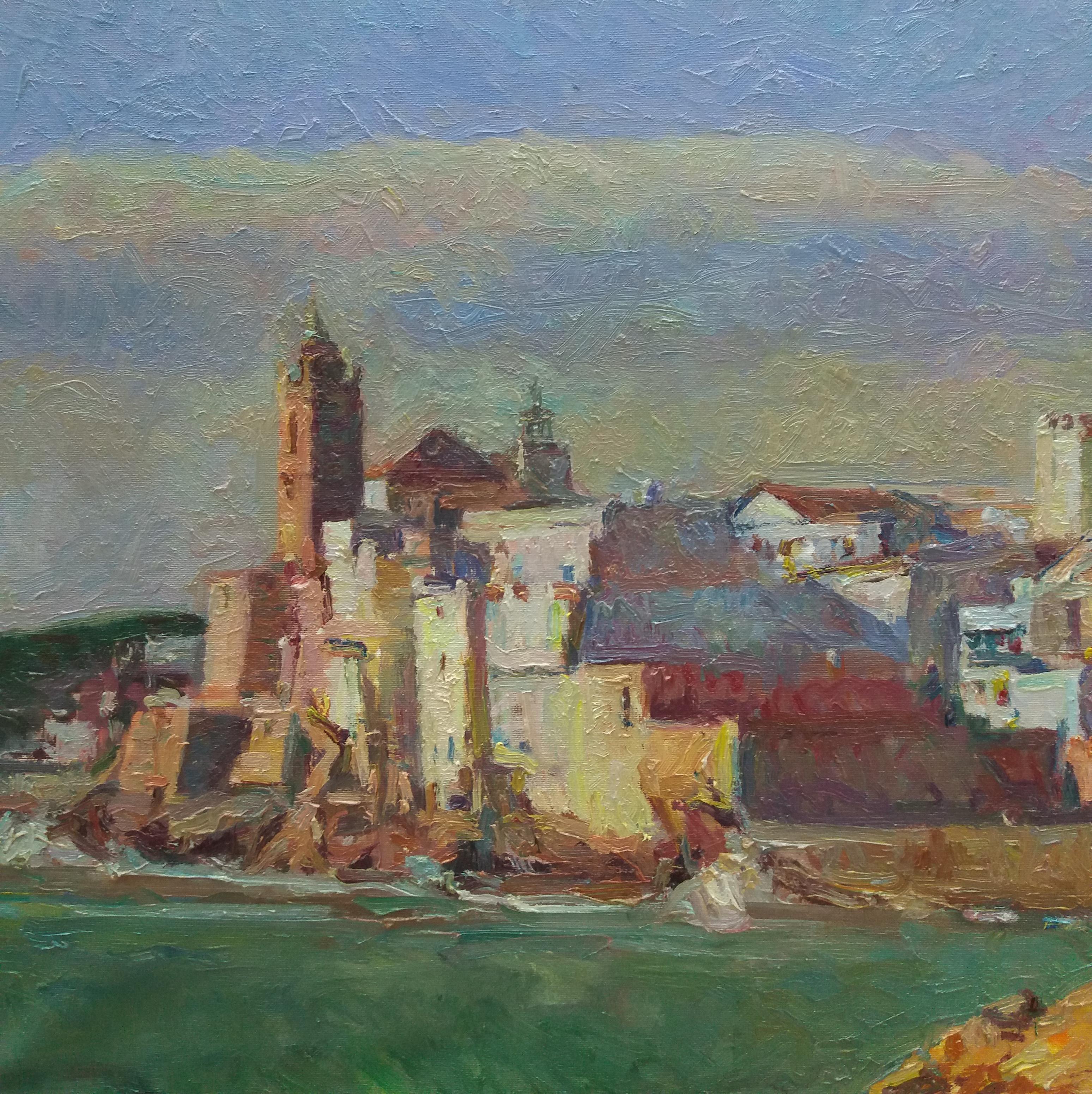 Sola Puig    Beach of Sant Sebastia Sitges  impressionist acrylic painting - Impressionist Painting by Joan SOLA PUIG