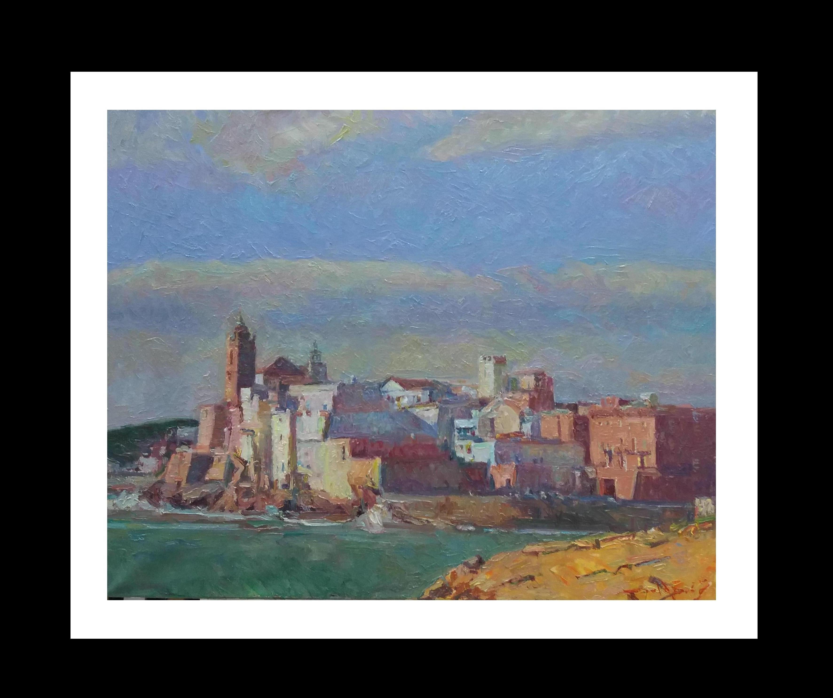 Joan SOLA PUIG Landscape Painting - Sola Puig    Beach of Sant Sebastia Sitges  impressionist acrylic painting