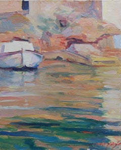 SOLA PUIG Boats in Mallorca, original impressionistisches Acrylgemälde