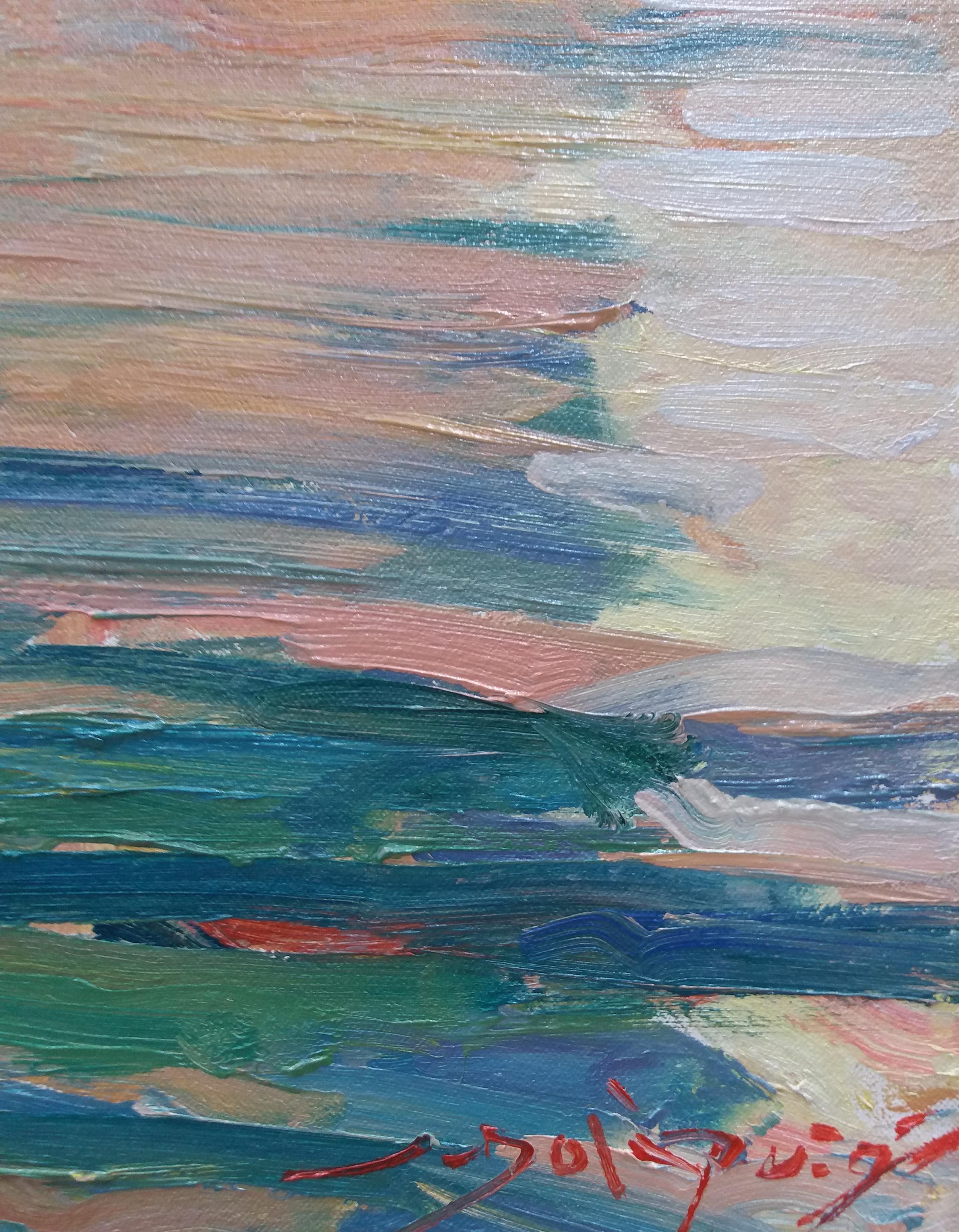 SOLA PUIG  Barche a Maiorca, quadro originale impressionista in acrilico - Landscape Painting Nero di Joan SOLA PUIG