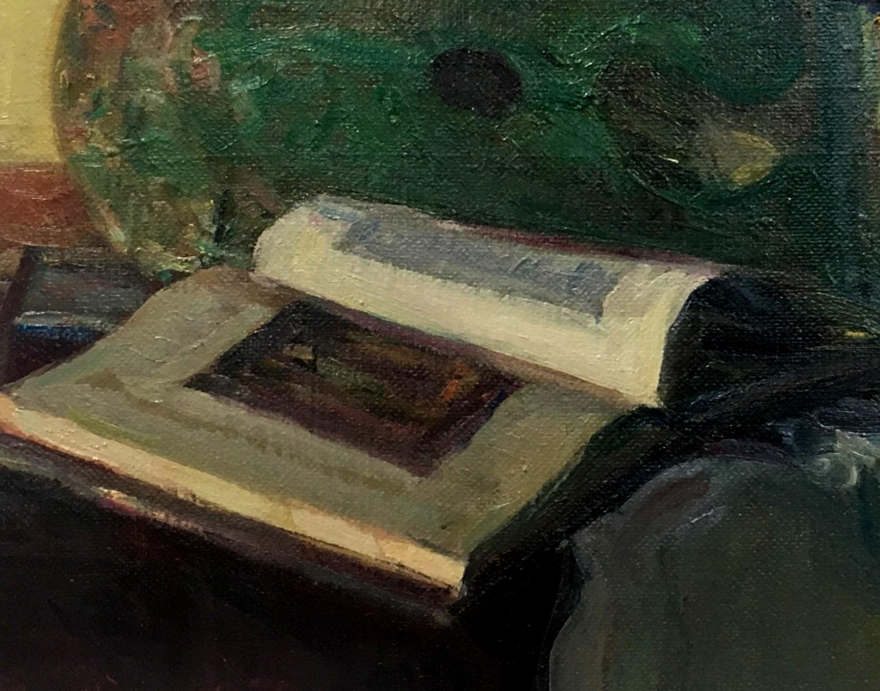 Sola Puig   Libro  Spazzole e frutta  dipinto impressionista su tela ad olio - Painting di Joan SOLA PUIG