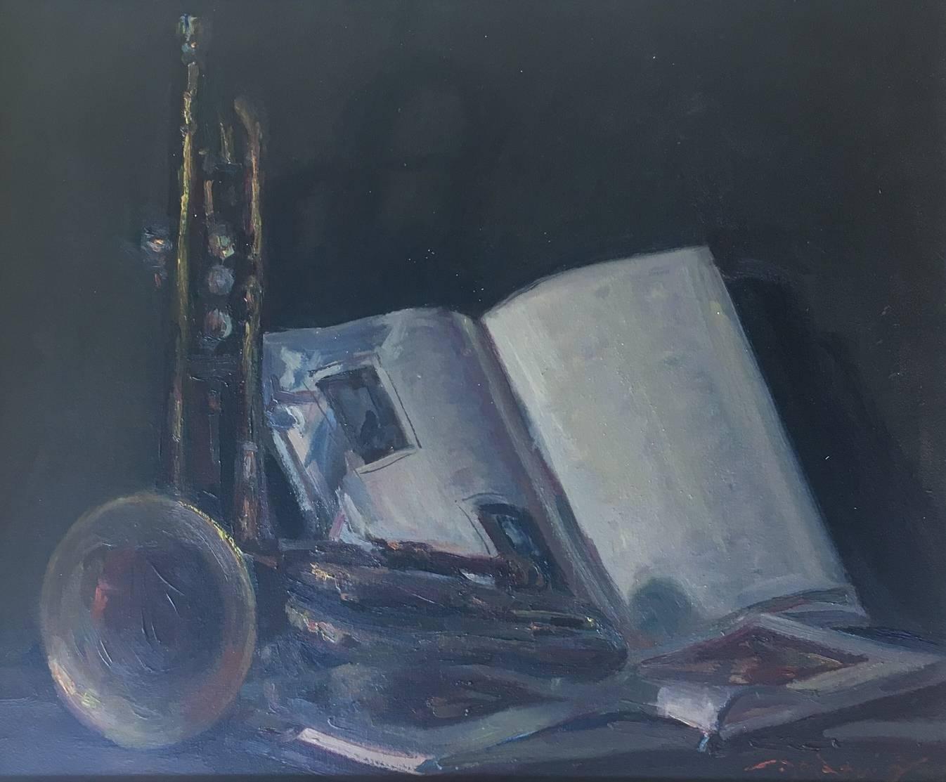 Sola Puig  10 Book  Trumpet  original impressionist oil canvas painting - Impressionist Painting by Joan SOLA PUIG