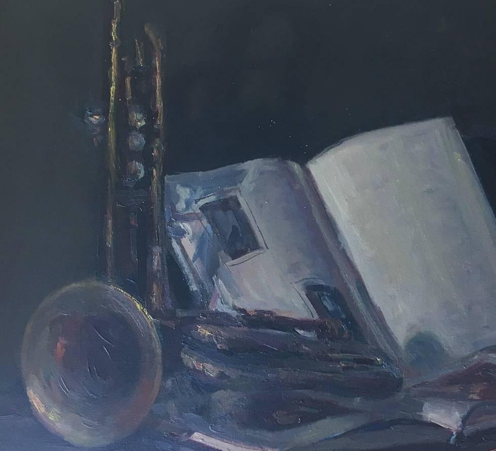 still life. book. trumpet. original impressionist oil canvas painting. . framed
Sola PUIG, Joan    (Barcelona 1950 )

Joan SOLÁ paints in a natural way, which reflects the Old Masters, soaking up the colour, air, smell and the pure scent of his