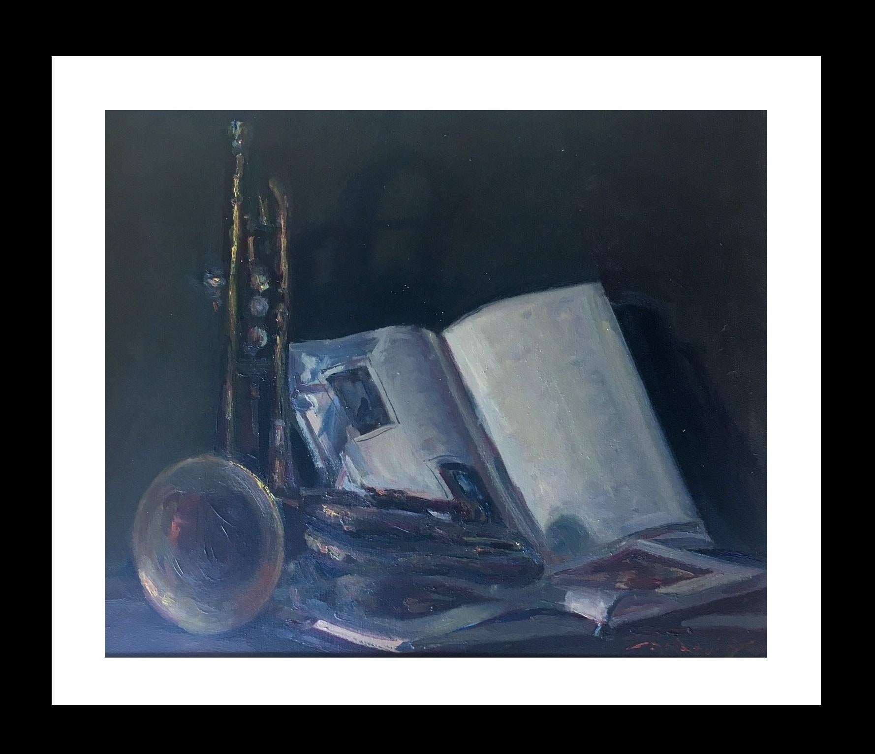 Still-Life Painting Joan SOLA PUIG - Sola Puig  10 Livre  Trompette  Peinture à l'huile impressionniste originale sur toile