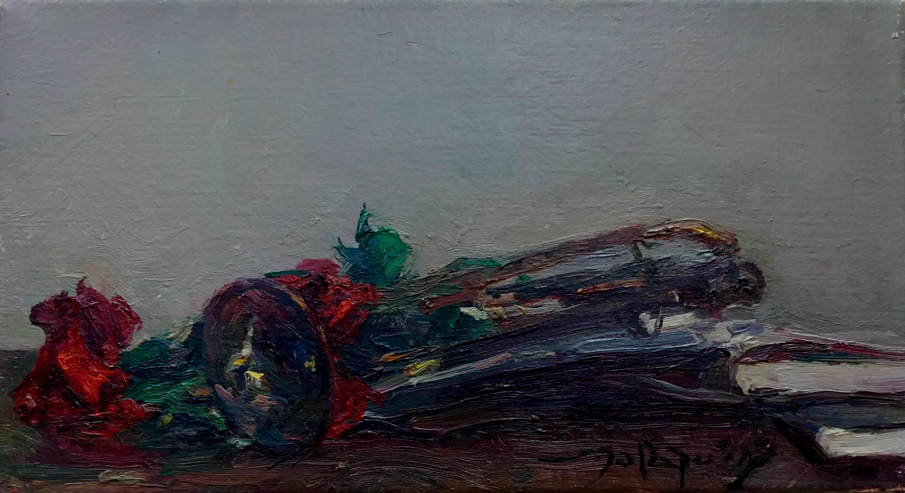 SOLA PUIG   Clavel y trompeta pintura acrílica impresionista original - Painting de Joan SOLA PUIG