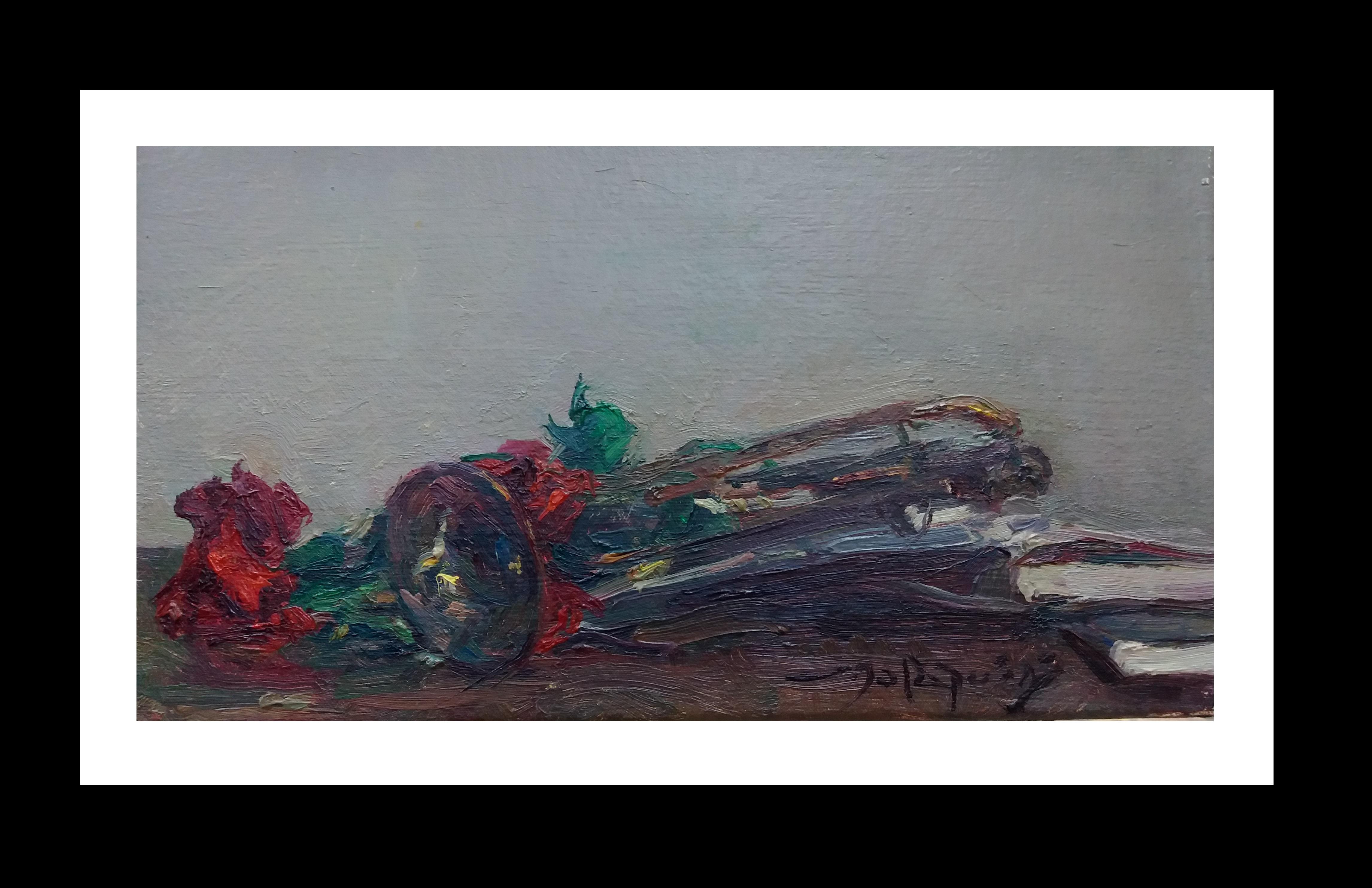Still-Life Painting de Joan SOLA PUIG - SOLA PUIG   Clavel y trompeta pintura acrílica impresionista original