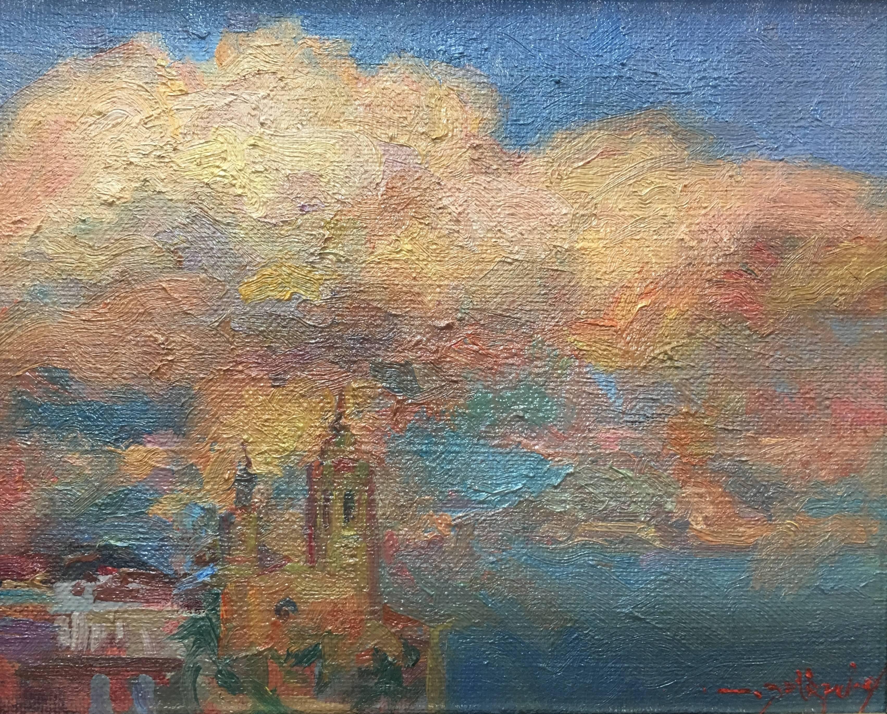 Sola Puig  Clouds on Sitges original impressionist oil canvas painting - Painting by Joan SOLA PUIG