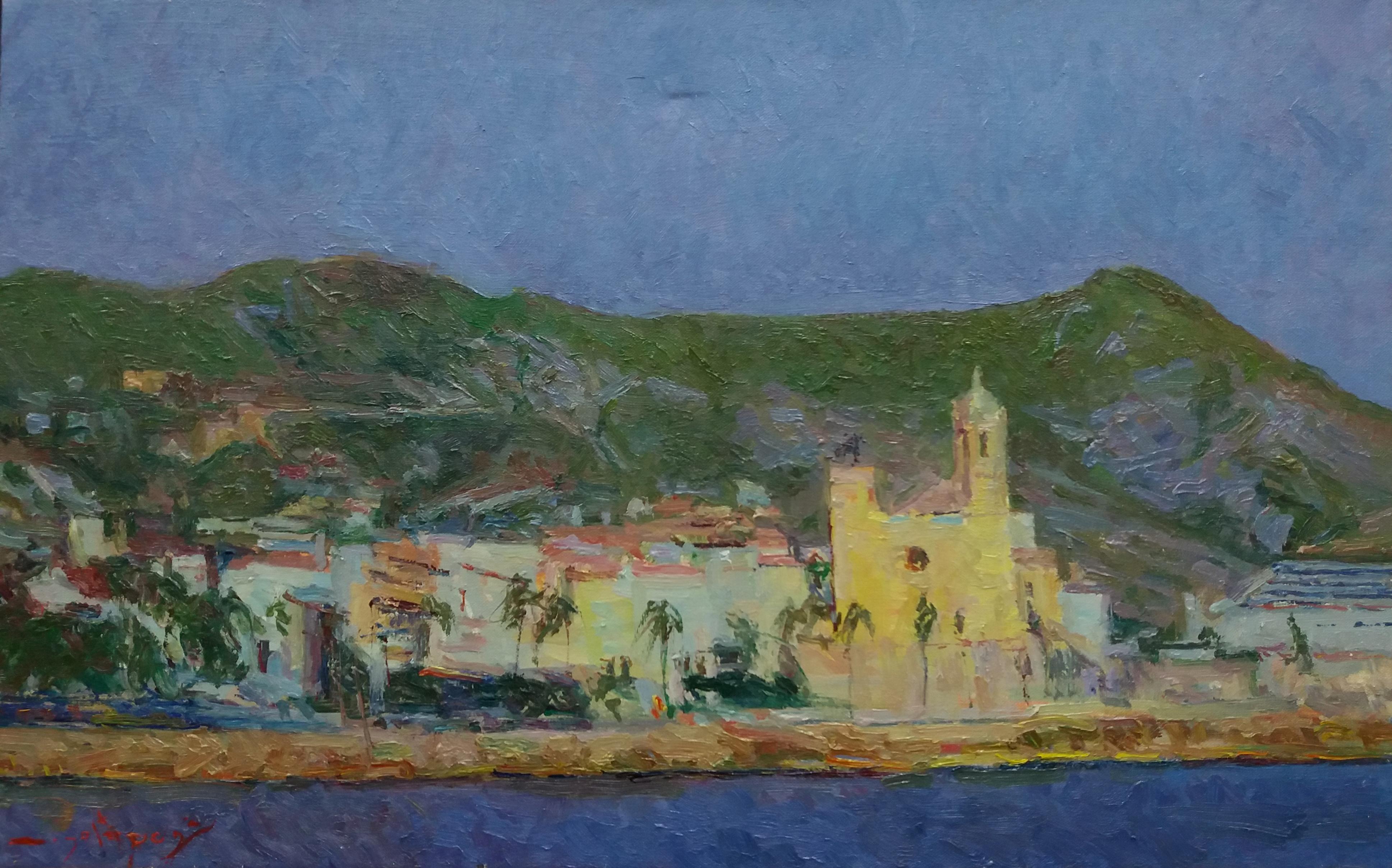 Sola Puig   Coast  Sitges original impressionist acrylic painting - Painting by Joan SOLA PUIG