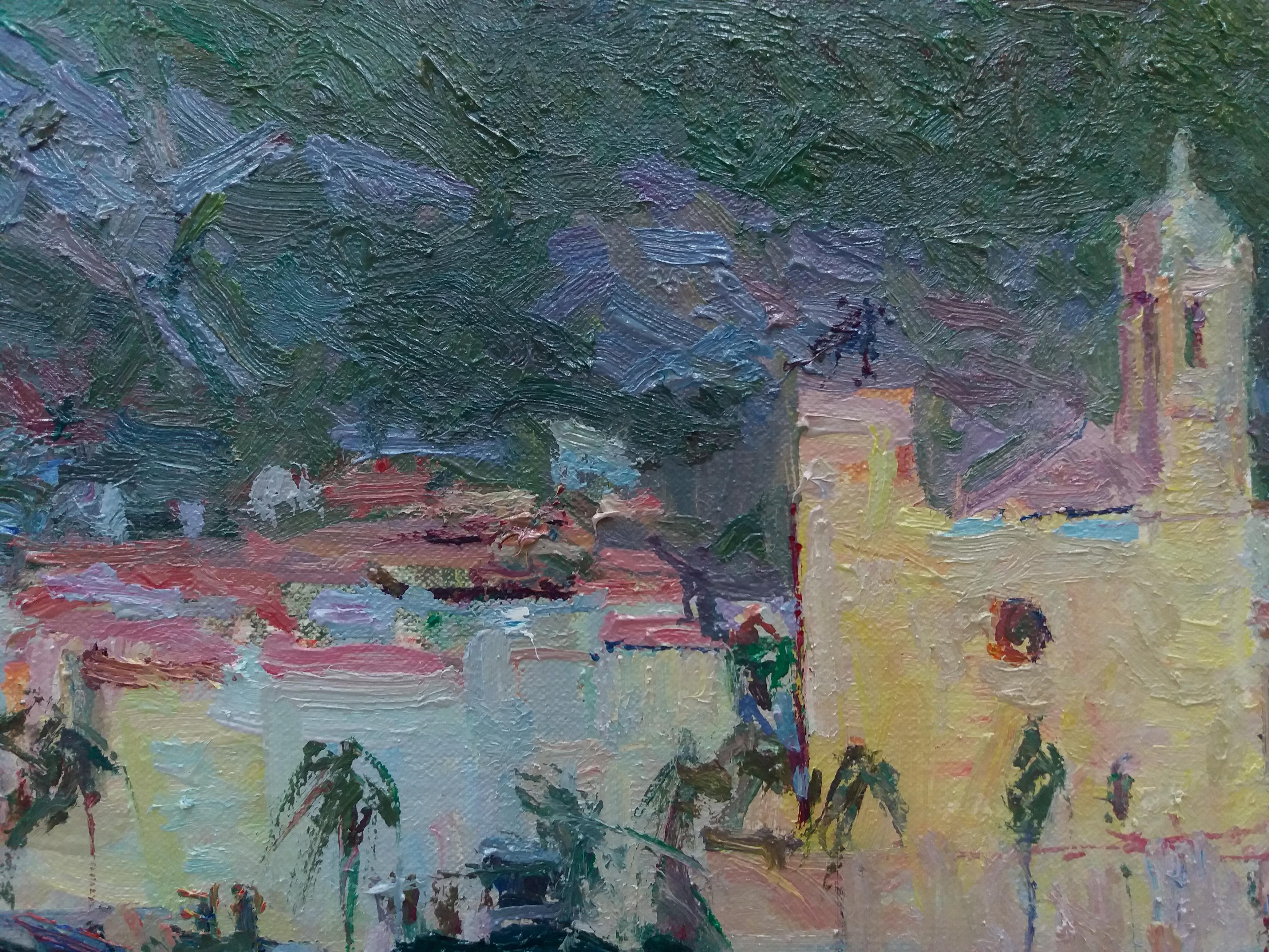 Sola Puig   Costa  Pintura acrílica impresionista original de Sitges - Landscape Painting Negro de Joan SOLA PUIG