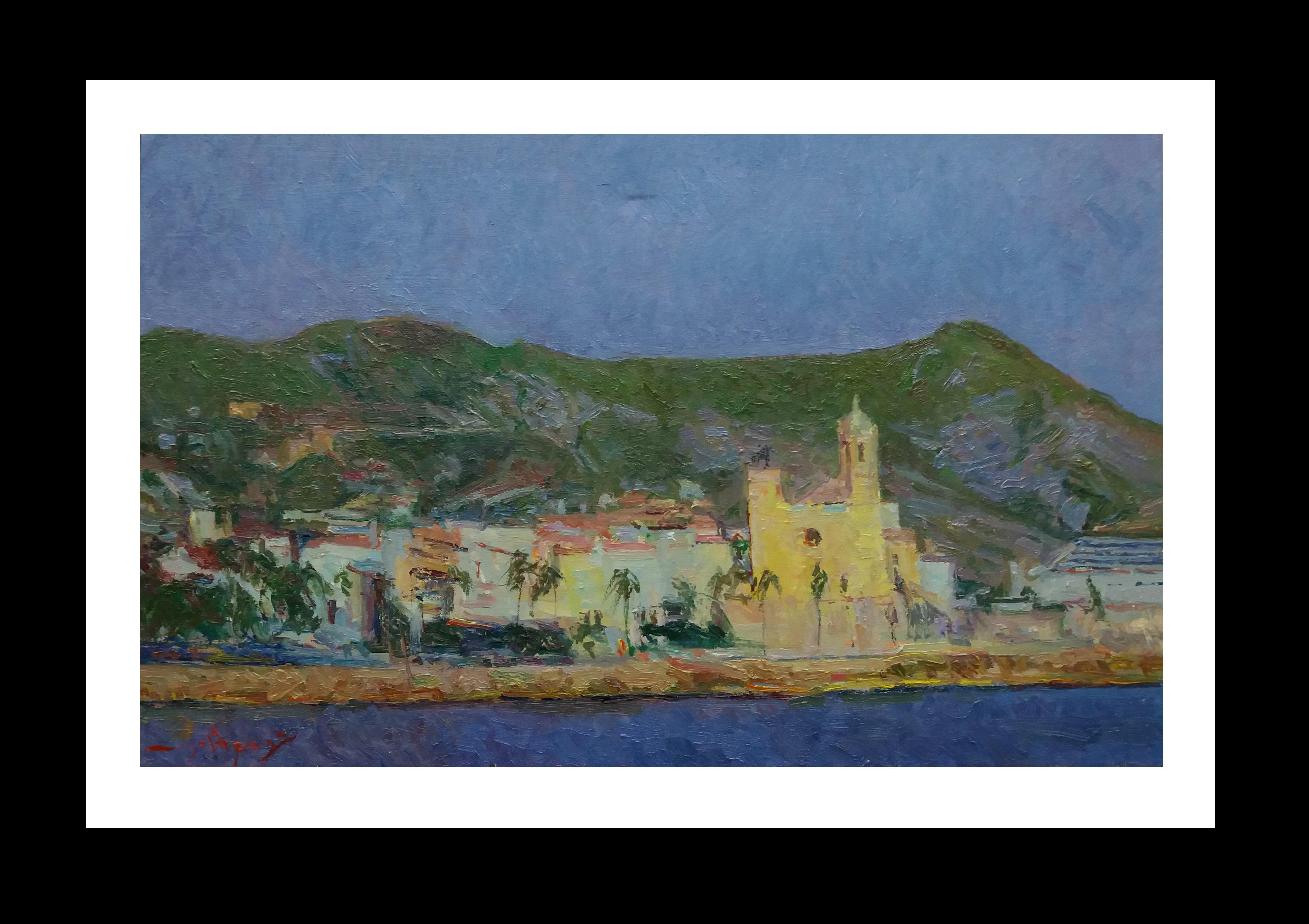 Joan SOLA PUIG Landscape Painting - Sola Puig   Coast  Sitges original impressionist acrylic painting
