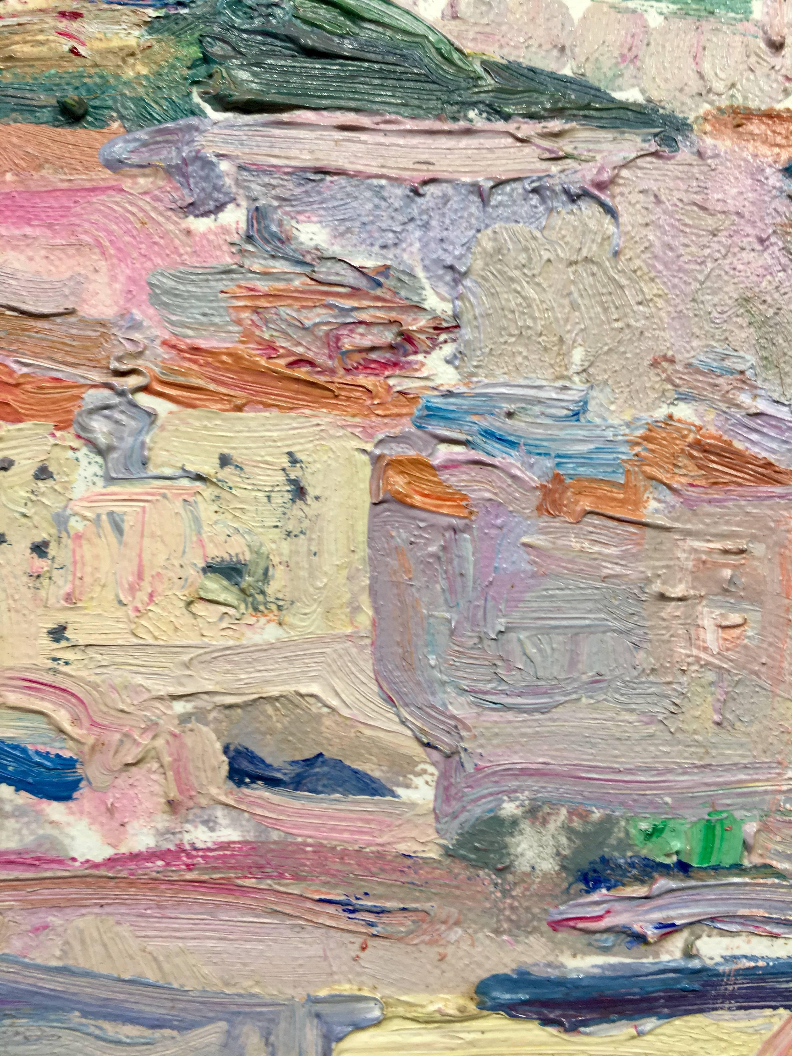 Sola Puig  Costa  Playa de la ciudad  Vertical  acrílico impresionista original - Landscape Painting Marrón de Joan SOLA PUIG