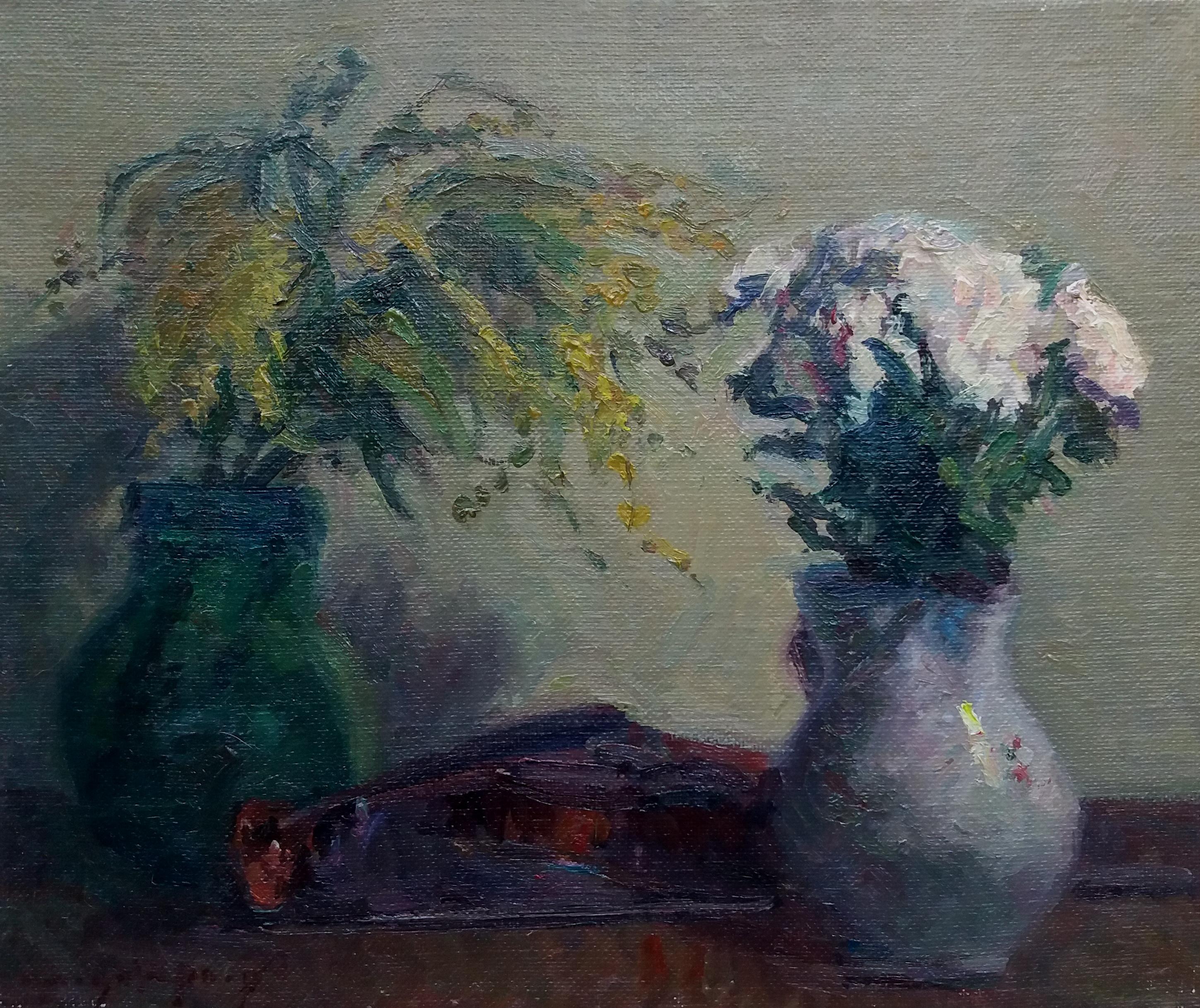 SOLA PUIG   Flowers original impressionist acrylic painting - Painting by Joan SOLA PUIG