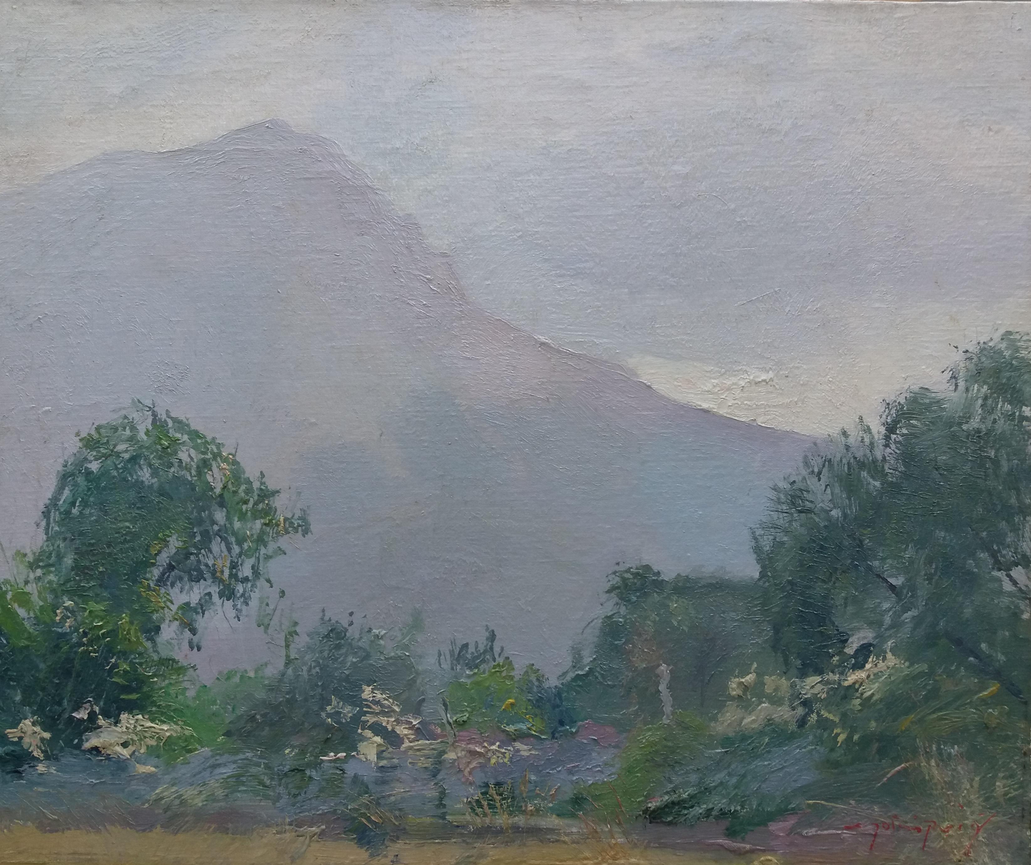 SOLA PUIG   Paysage vert avec montagne impressionniste original  peinture - Painting de Joan SOLA PUIG