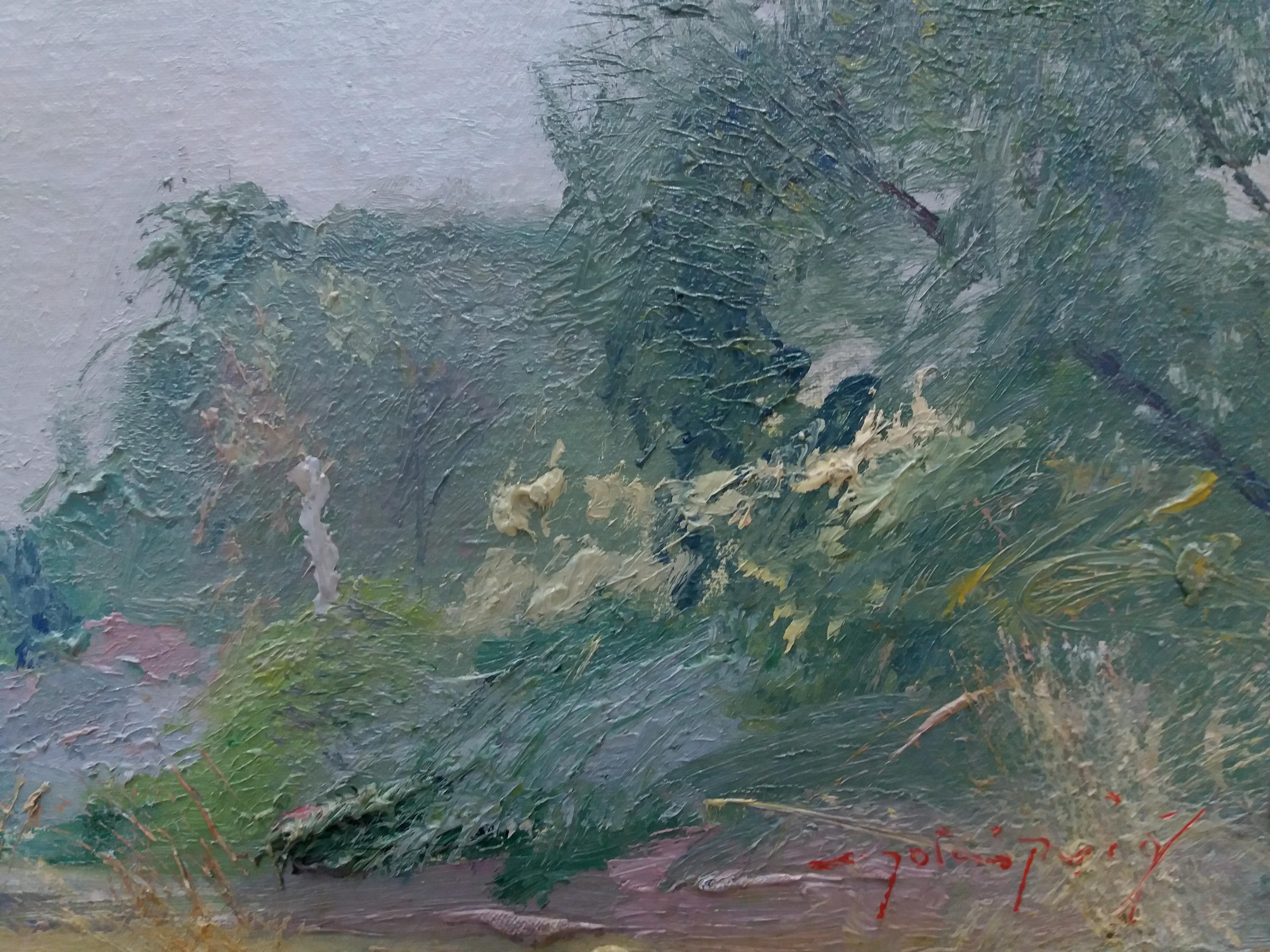 SOLA PUIG   Paysage vert avec montagne impressionniste original  peinture - Impressionnisme Painting par Joan SOLA PUIG