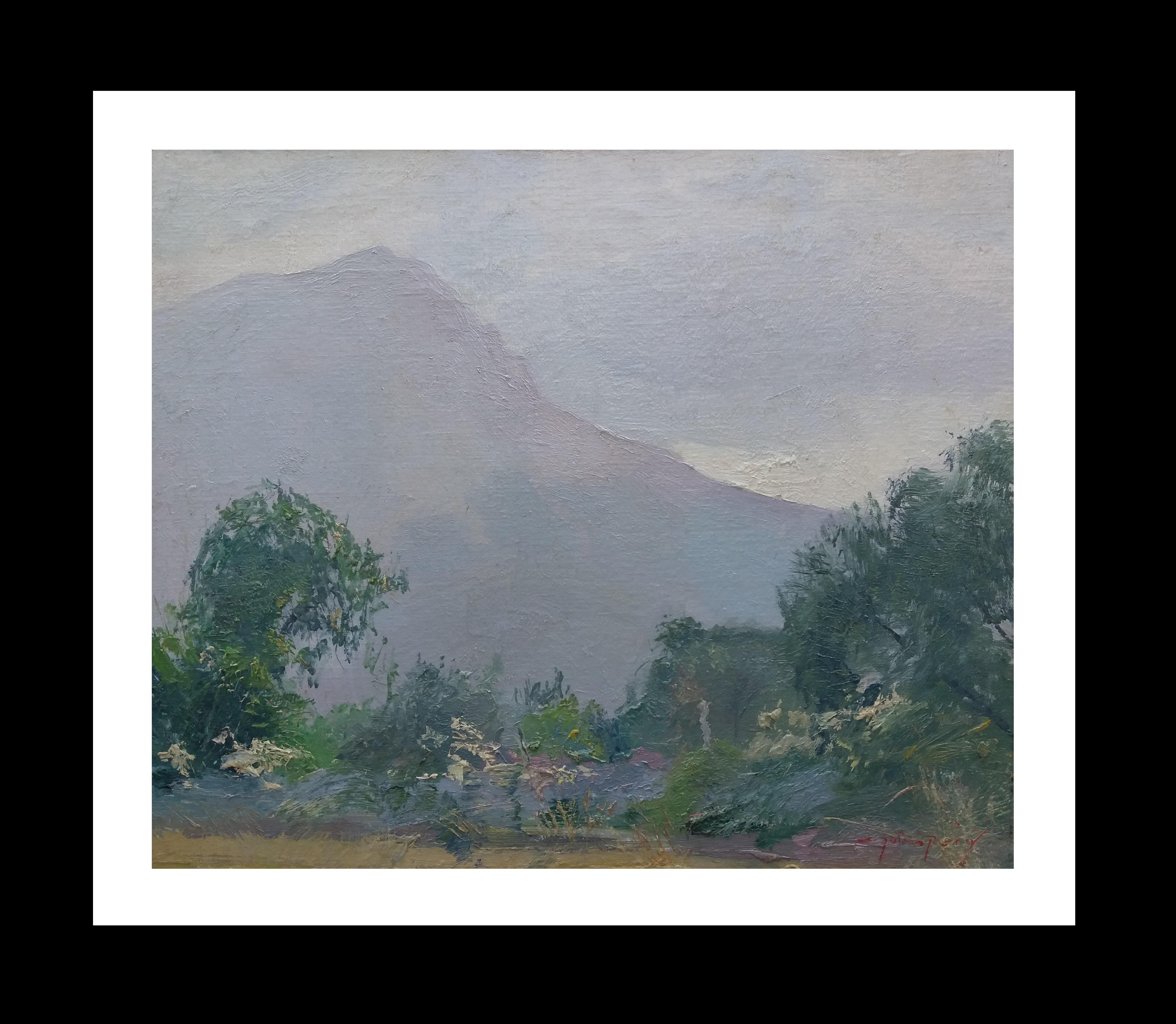 Landscape Painting Joan SOLA PUIG - SOLA PUIG   Green landscape with mountain Original impressionist  painting