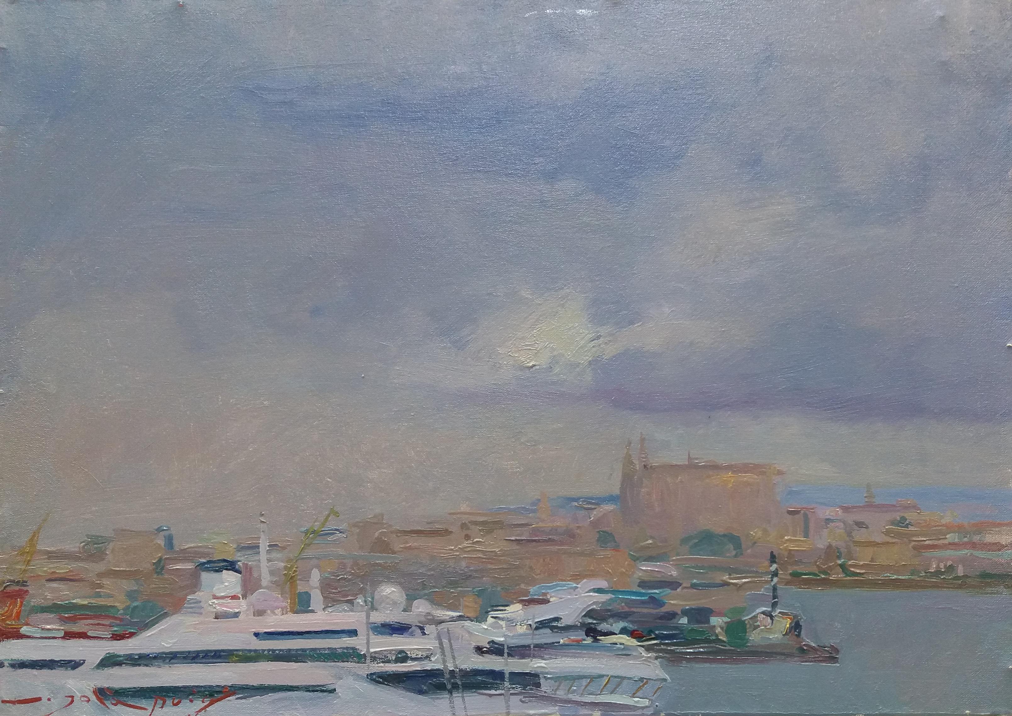 Sola Puig 13 Catedral de Mallorca  Barco  Puerto de Mallorca original impresionista - Painting de Joan SOLA PUIG