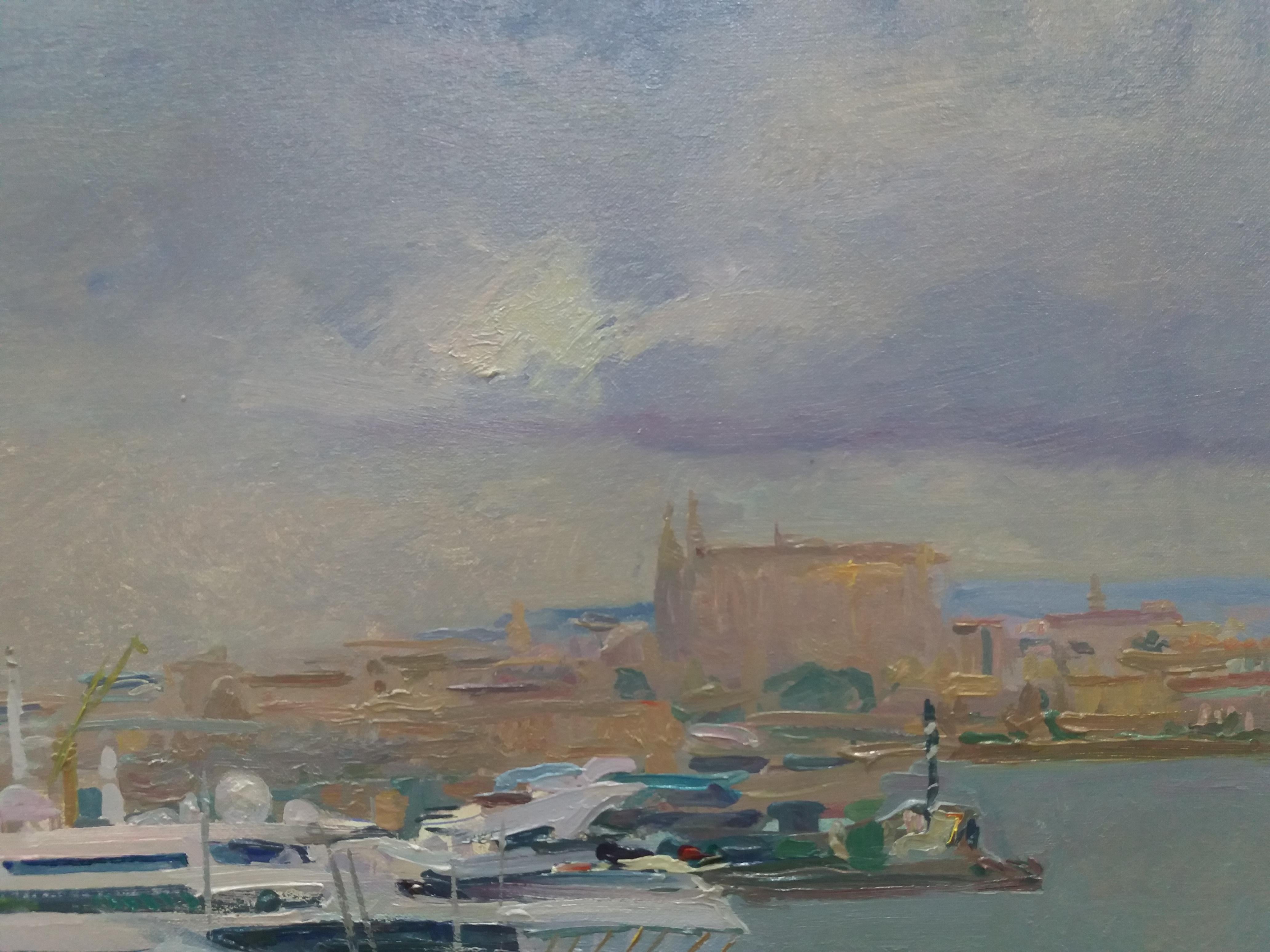 Sola Puig 13 Catedral de Mallorca  Barco  Puerto de Mallorca original impresionista - Painting Impresionista de Joan SOLA PUIG