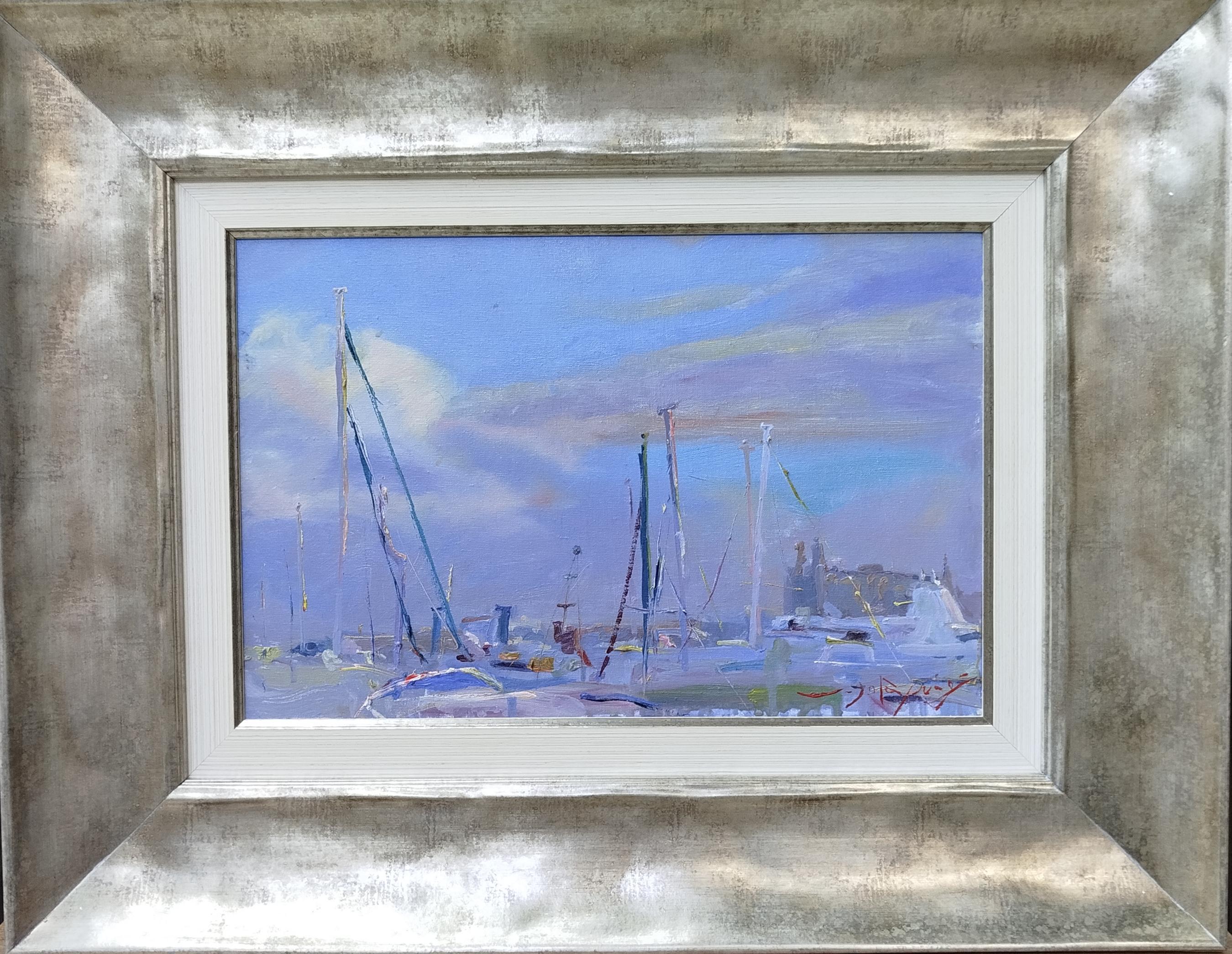 Joan SOLA PUIG Landscape Painting - Sola Puig  Marine Blue Port   Majorca original impressionist oil canvas