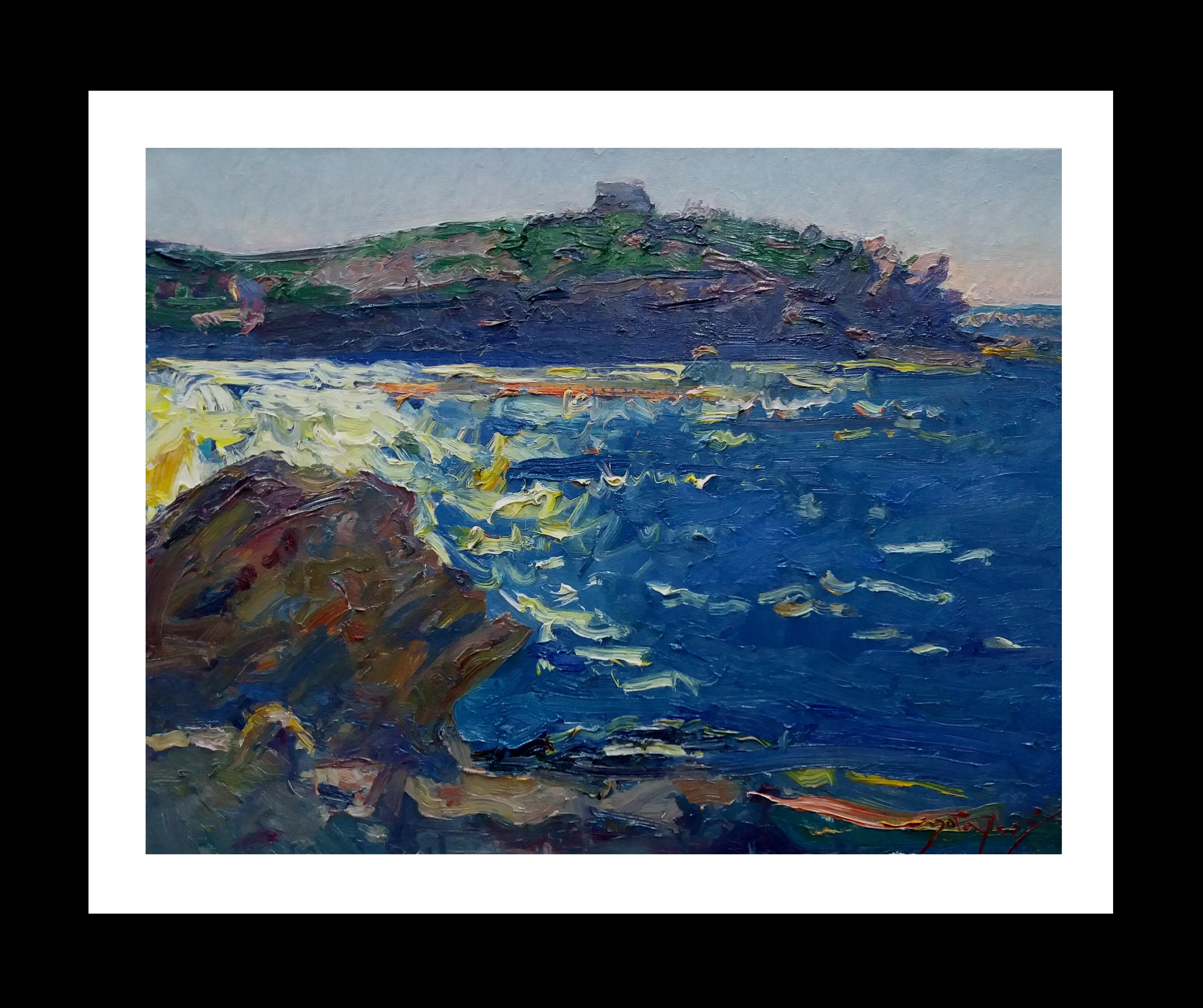 Landscape Painting Joan SOLA PUIG - Sola Puig 9 Marin  Côte  Acrylique impressionniste d'origine bleue 