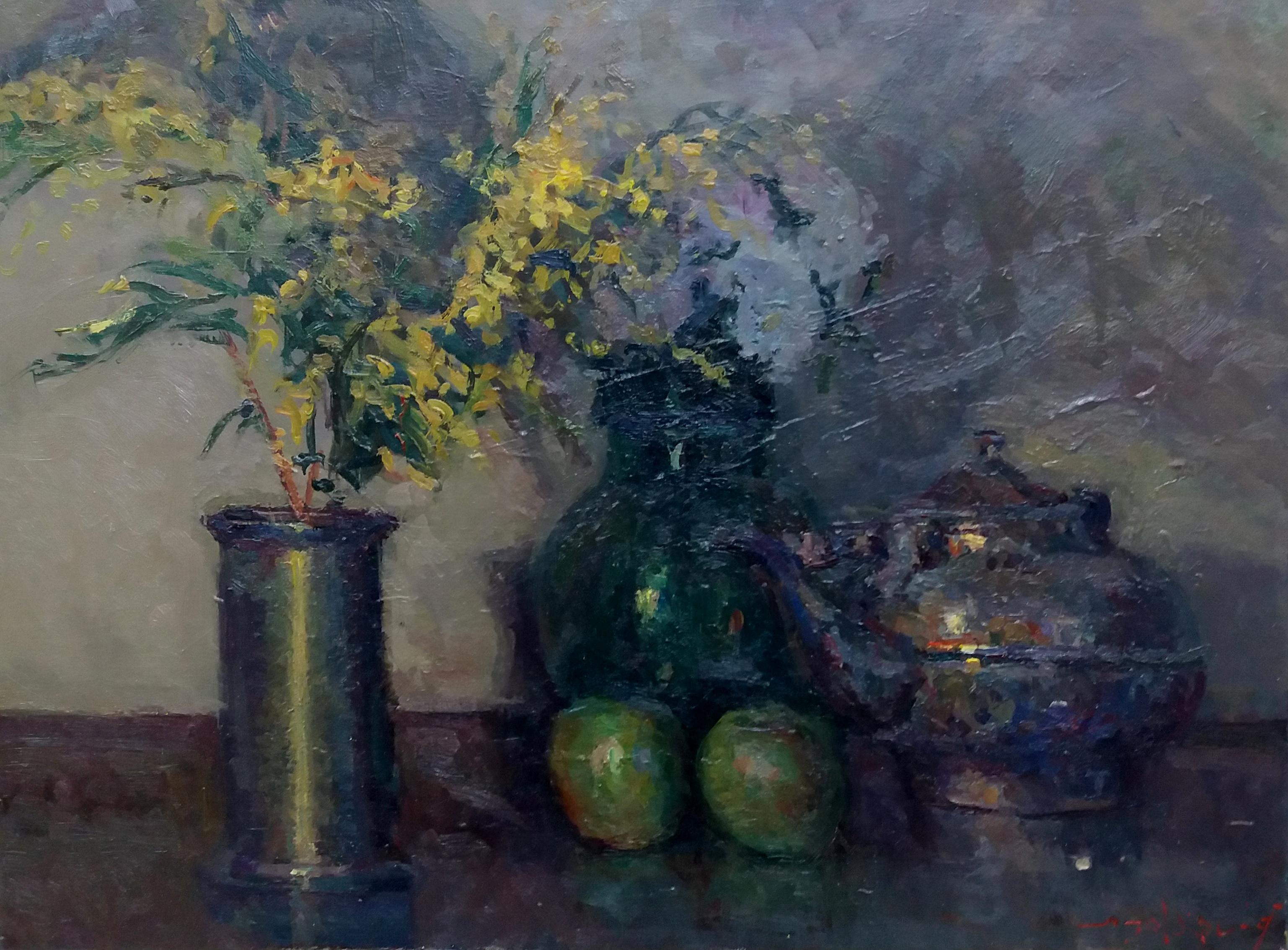 SOLA PUIG  Mimosas original impressionist acrylic painting - Painting by Joan SOLA PUIG