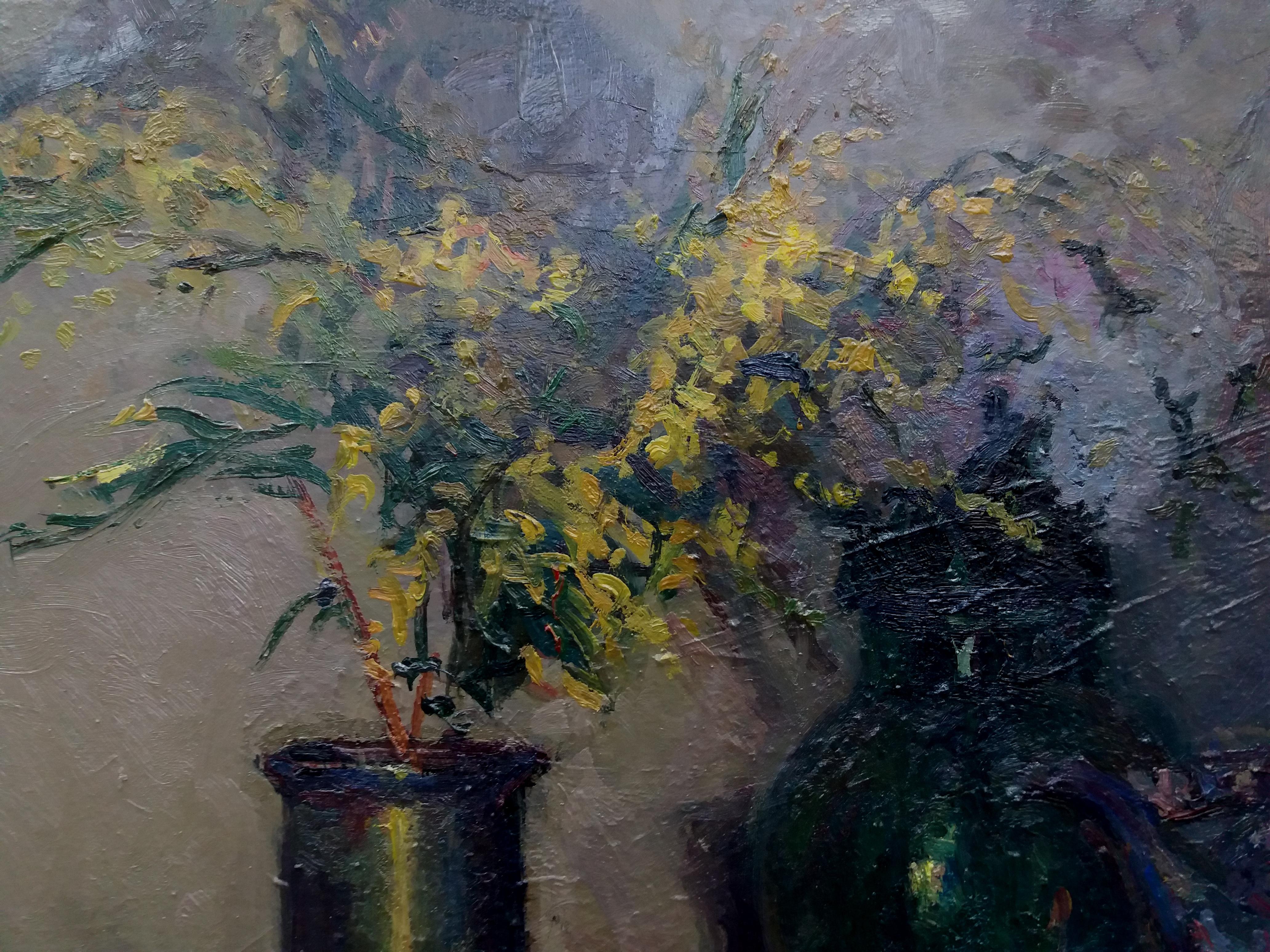 SOLA PUIG  Mimosas original impressionist acrylic painting - Impressionist Painting by Joan SOLA PUIG