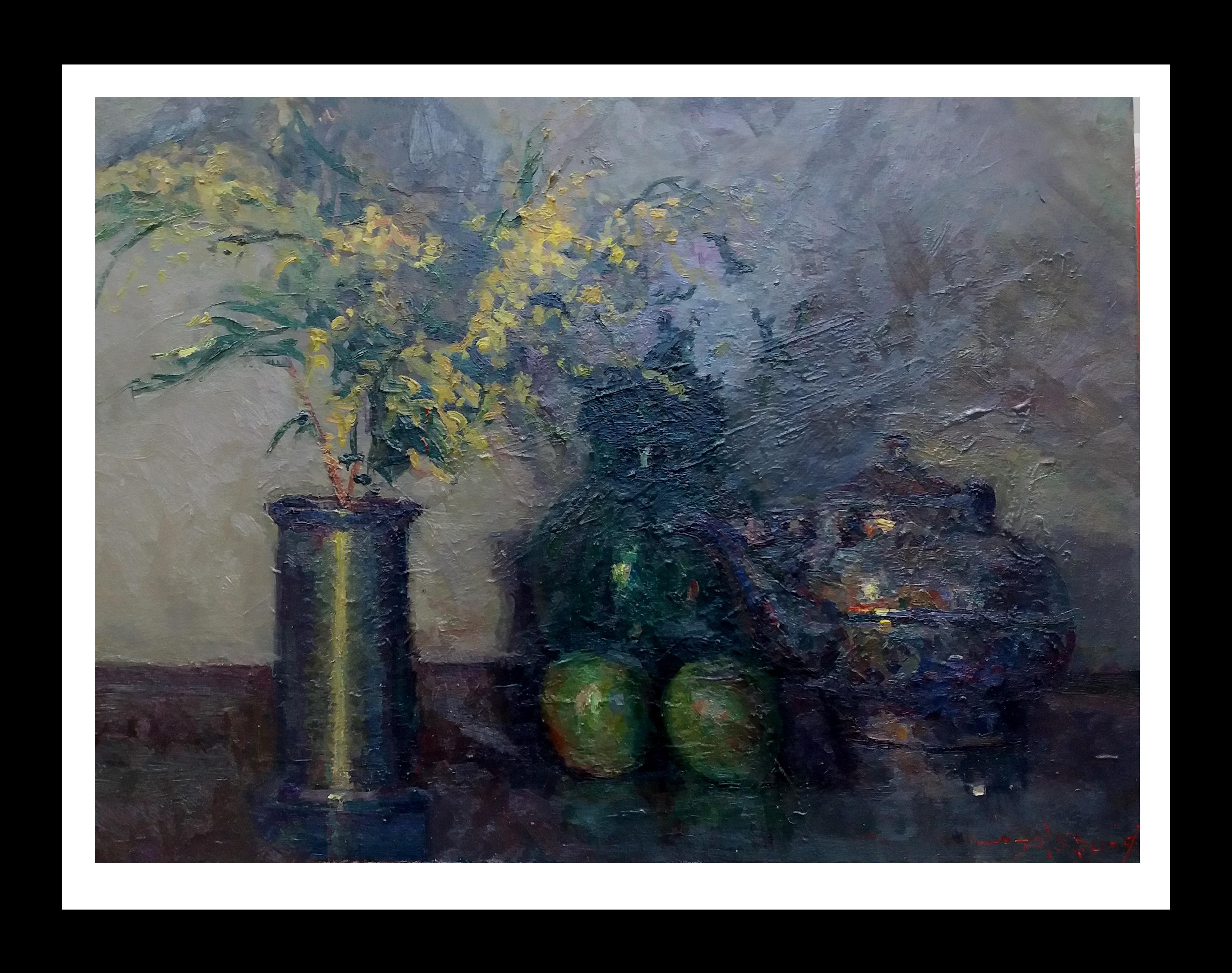 Joan SOLA PUIG Still-Life Painting - SOLA PUIG  Mimosas original impressionist acrylic painting