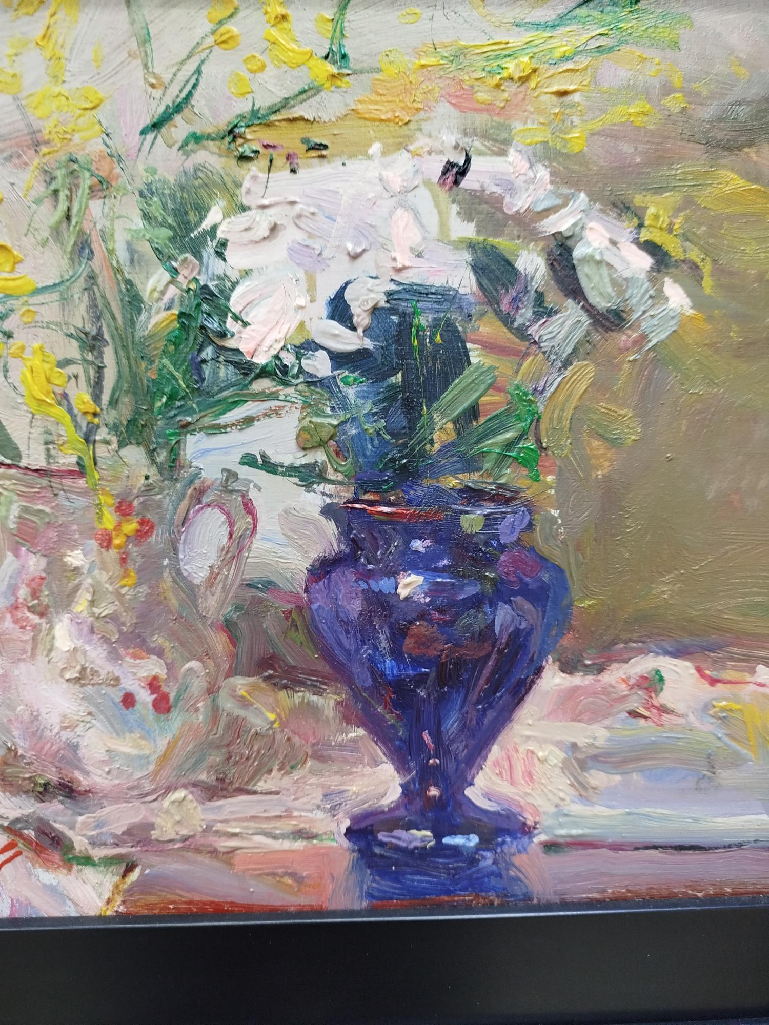 Sola Puig    Mimosas Vertikales kleines original impressionistisches Ölgemälde – Painting von Joan SOLA PUIG