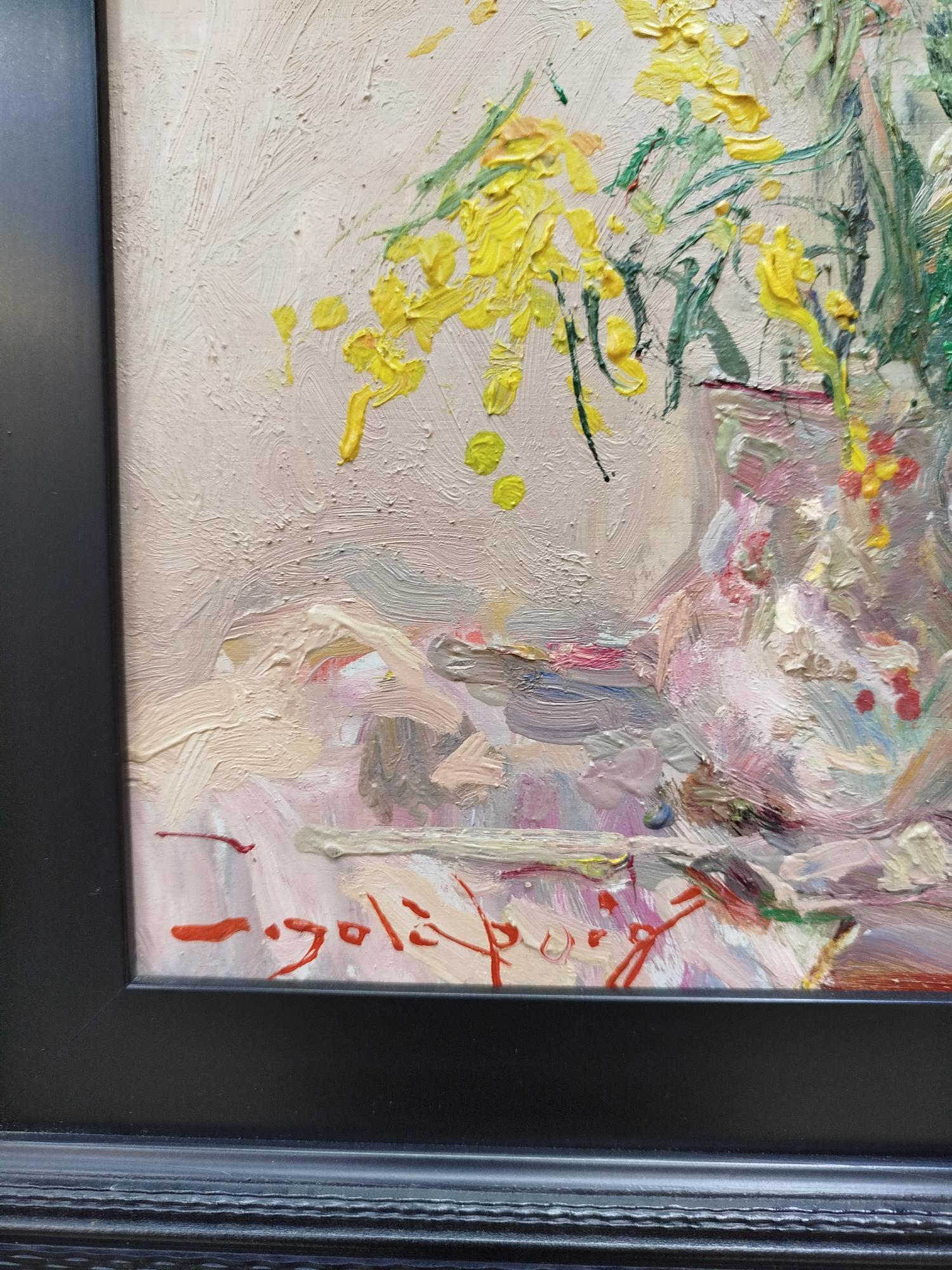 Sola Puig    Mimosas Vertikales kleines original impressionistisches Ölgemälde (Impressionismus), Painting, von Joan SOLA PUIG