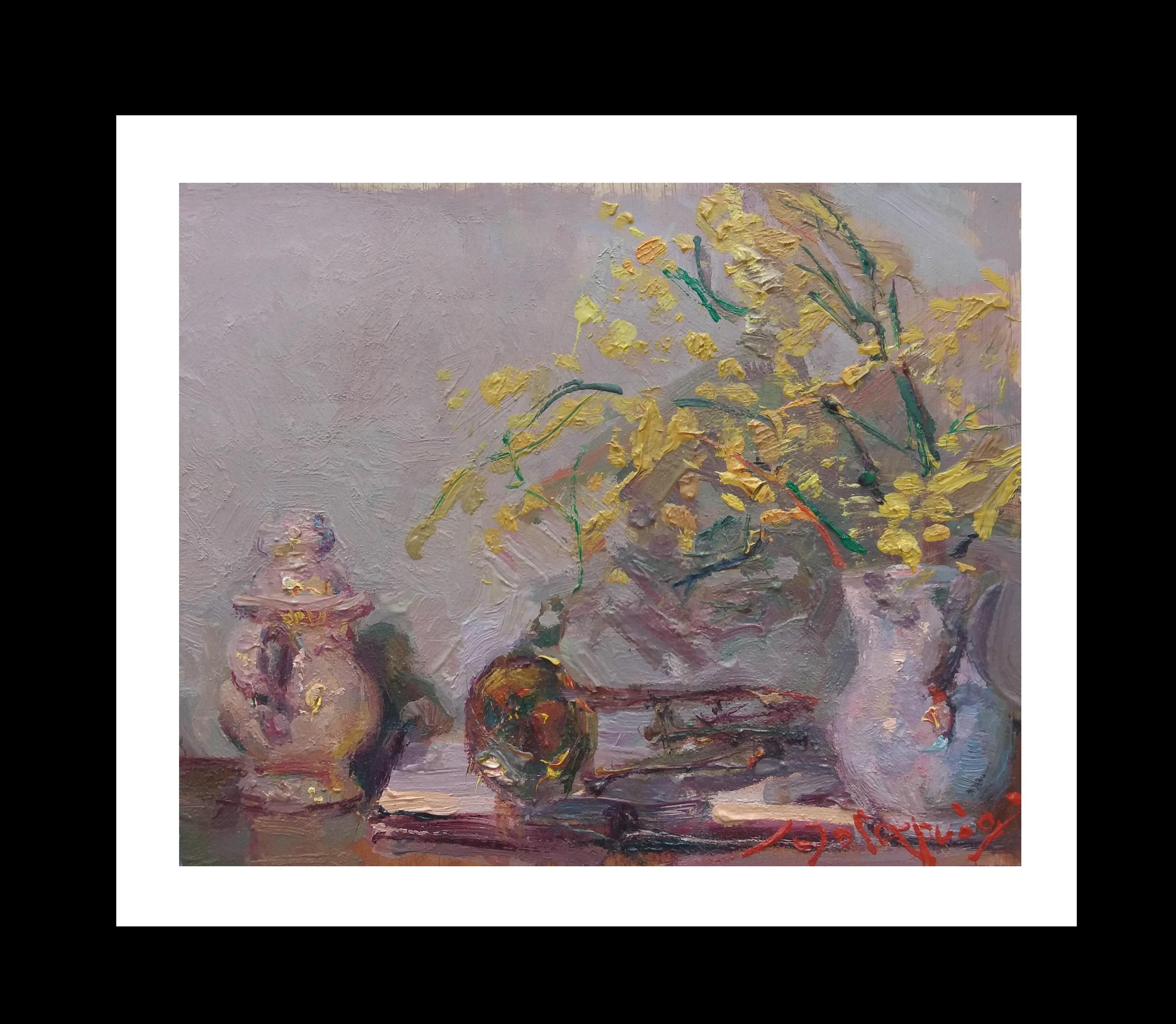 Still-Life Painting di Joan SOLA PUIG - SOLA PUIG  Minosauro e Tromba dipinto originale in acrilico impressionista