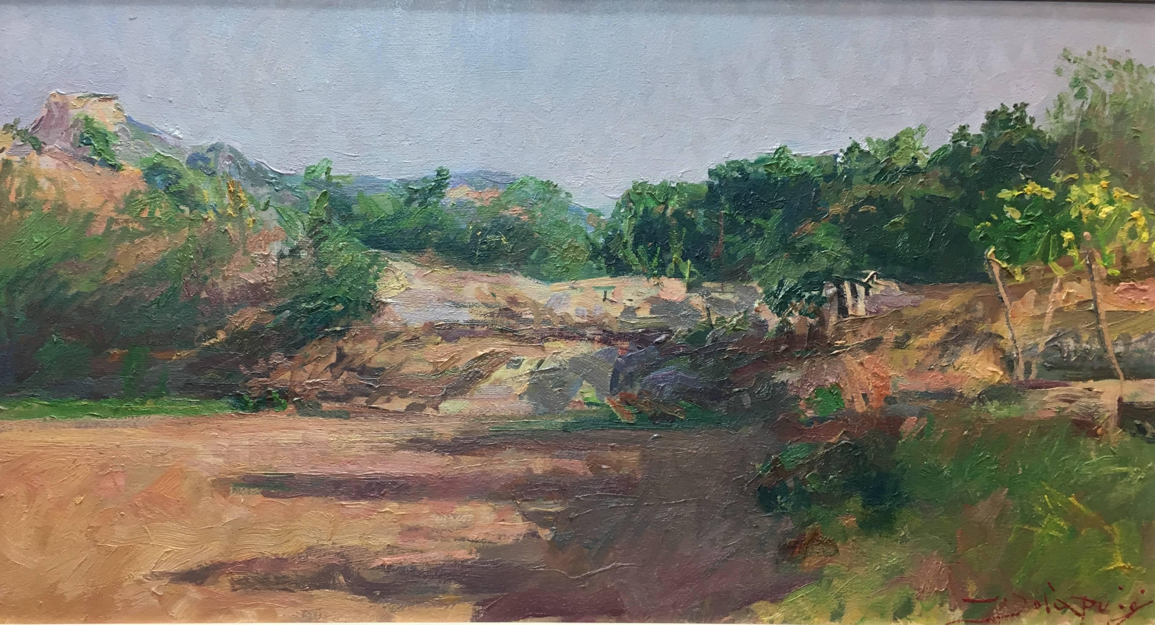 Sola Puig  Paisaje montañoso de Gerona lienzo al óleo impresionista original - Painting de Joan SOLA PUIG