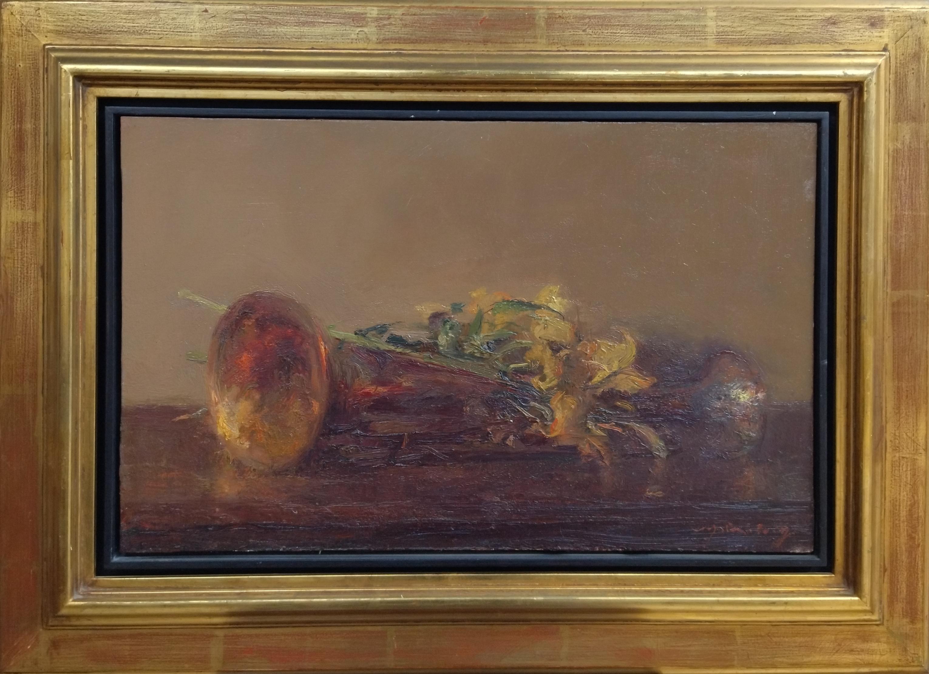 Still-Life Painting di Joan SOLA PUIG - Sola Puig  Tromba musicale dipinto ad olio su tela originale impressionista