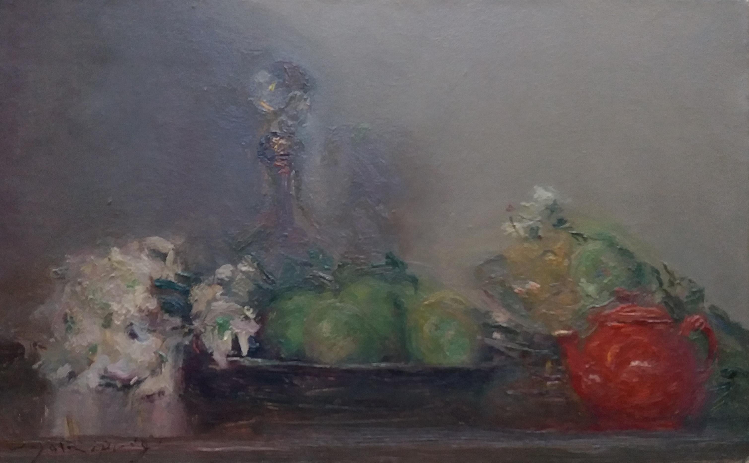 Sola Puig   Teiera rossa, dipinto originale impressionista in acrilico - Painting di Joan SOLA PUIG