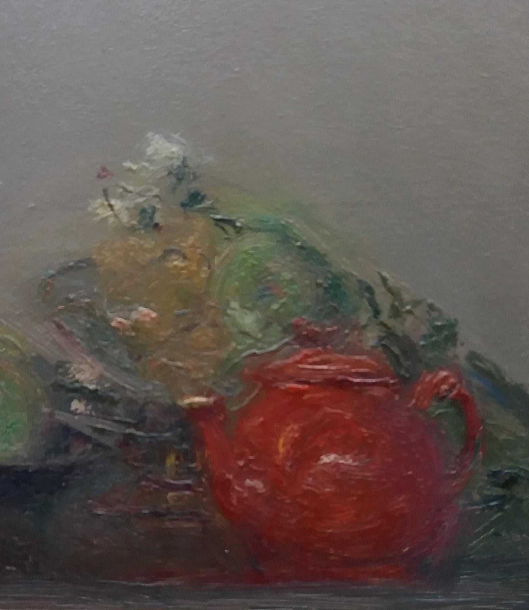  red teapot original impressionist acrylic painting. 
SOLÁ paints in a natural way, which reflects the Old Masters, soaking up the colour, air, smell and the pure scent of his environment. He delivers to his canvas the strange mix of emotion and