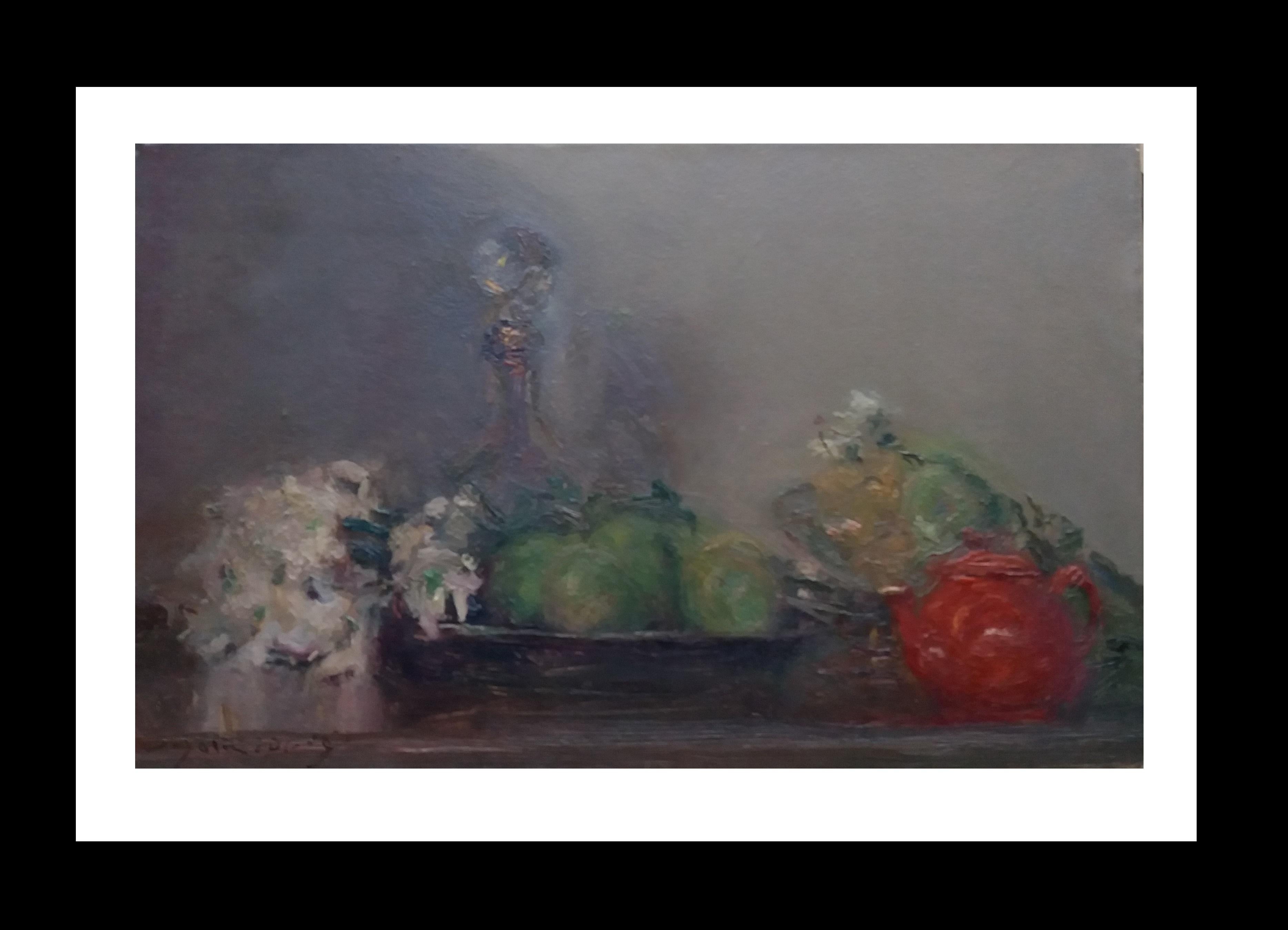 Still-Life Painting Joan SOLA PUIG -  Sola Puig  Théière rouge - Peinture acrylique impressionniste originale